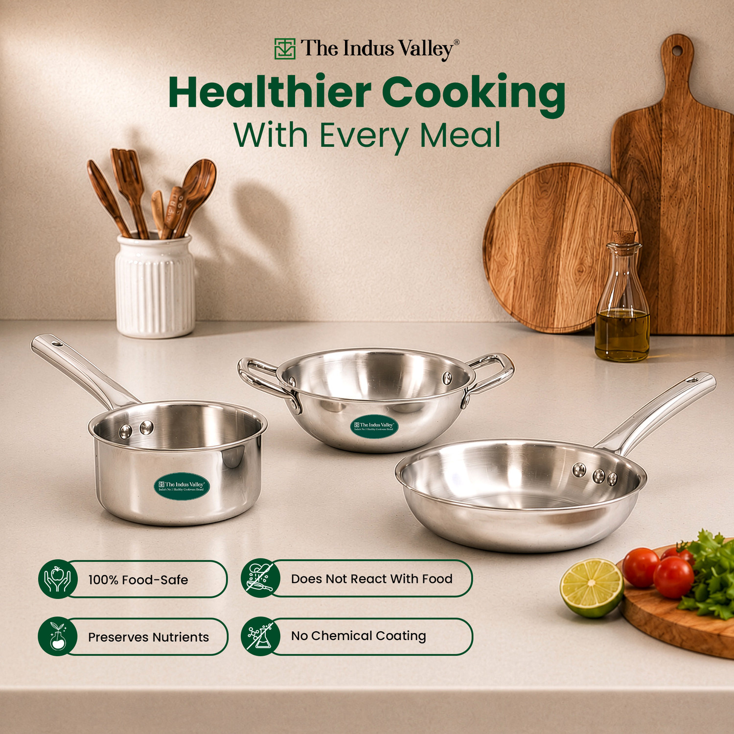 Image of The Indus Valley Triply Cookware Combo set of 3 Induction Bottom Cookware Set
