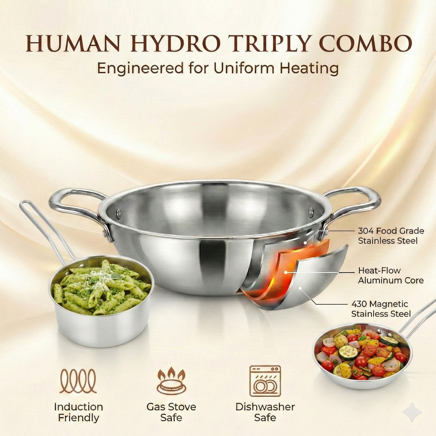 Image of Human Hydro Prime Triply Cookware Combo - 16cm Sauce Pan, 22cm Fry Pan, 24cm Kadai Induction Bottom Cookware Set