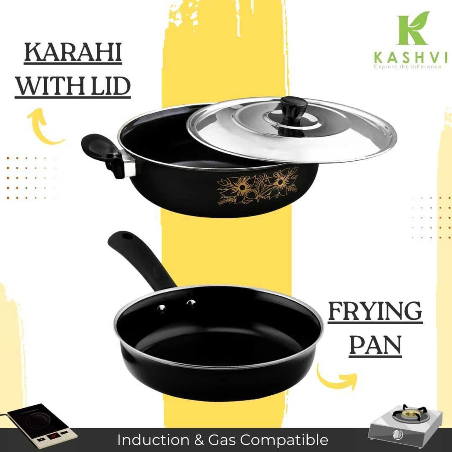 Image of cookpro Best Festival Combo Kadhai /Karahi with lid+ Fry Pan Combo Kitchen Set Induction Bottom Non-Stick Coated Cookware Set