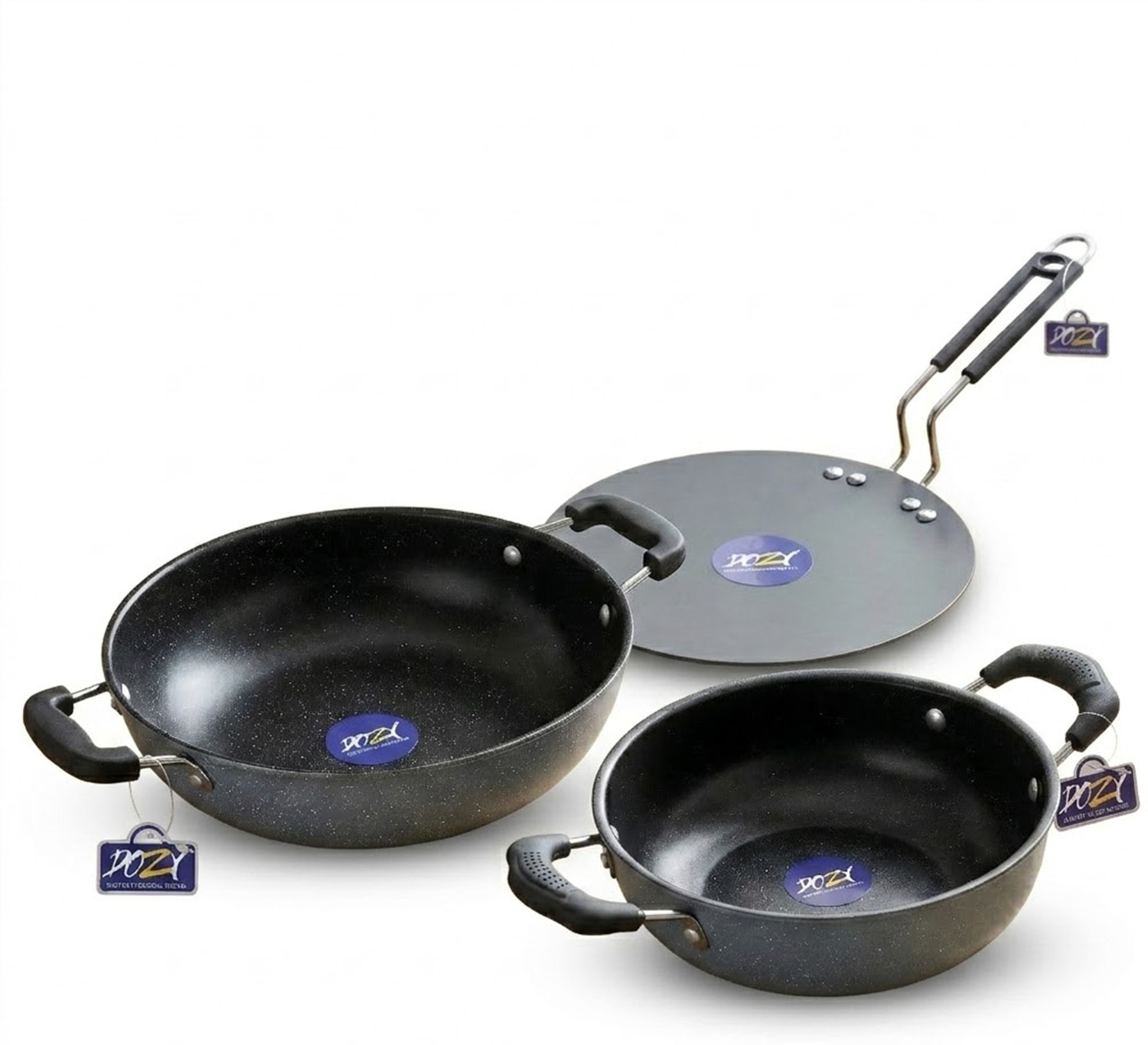 Image of Dozy Iron-Rich Nonstick 3-Piece Cookware Combo: Kadhai & Tawa Set Induction Bottom Non-Stick Coated Cookware Set
