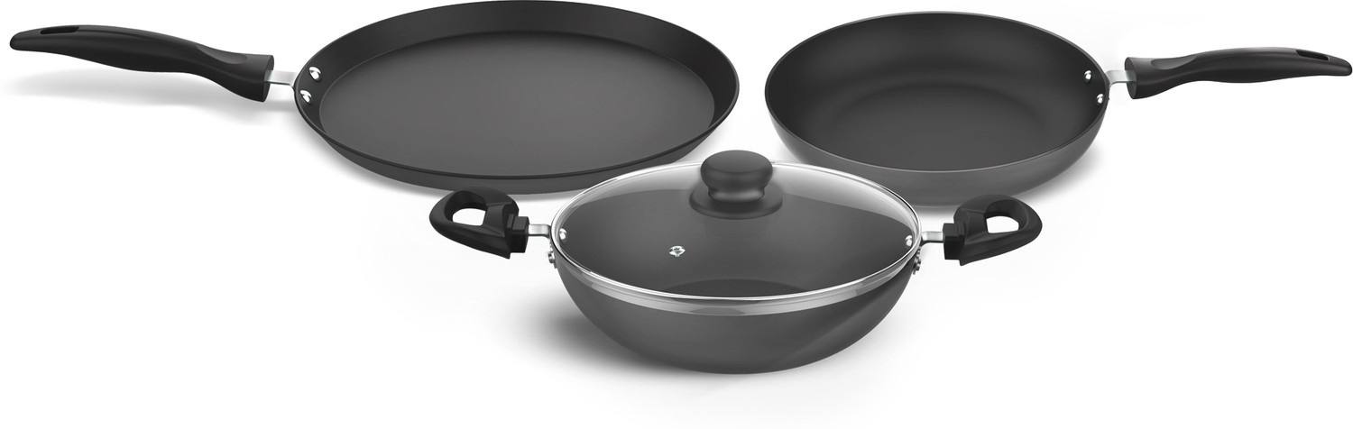 Image of Preethi Daily Collection Non Stick Set,28cm Tawa,24cm Fry Pan,Kadai 24cm, With Glass Lid Induction Bottom Non-Stick Coated Cookware Set (Aluminium, 3 - Piece)