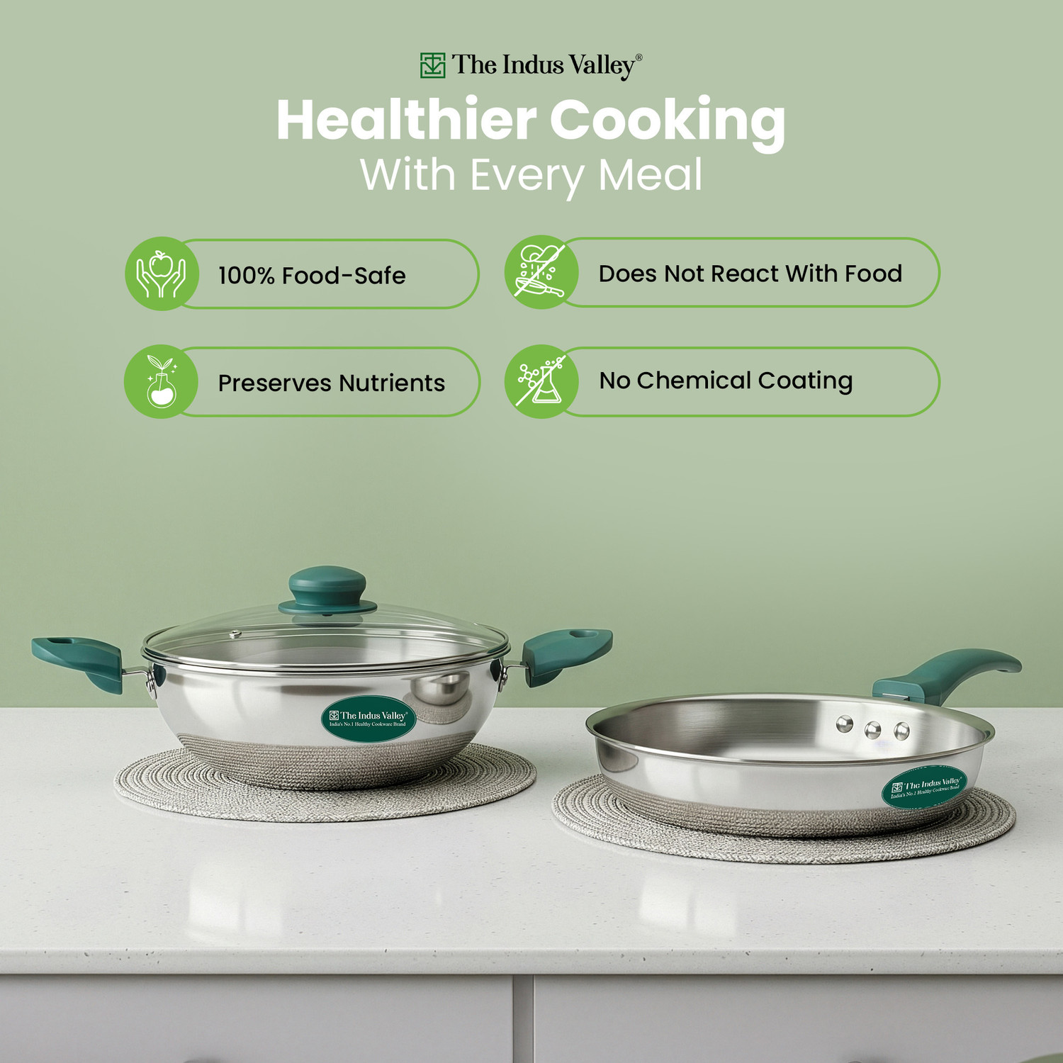 Image of The Indus Valley Triply Stainless Steel Cookware Set- kadai and Fry pan Induction Bottom Non-Stick Coated Cookware Set