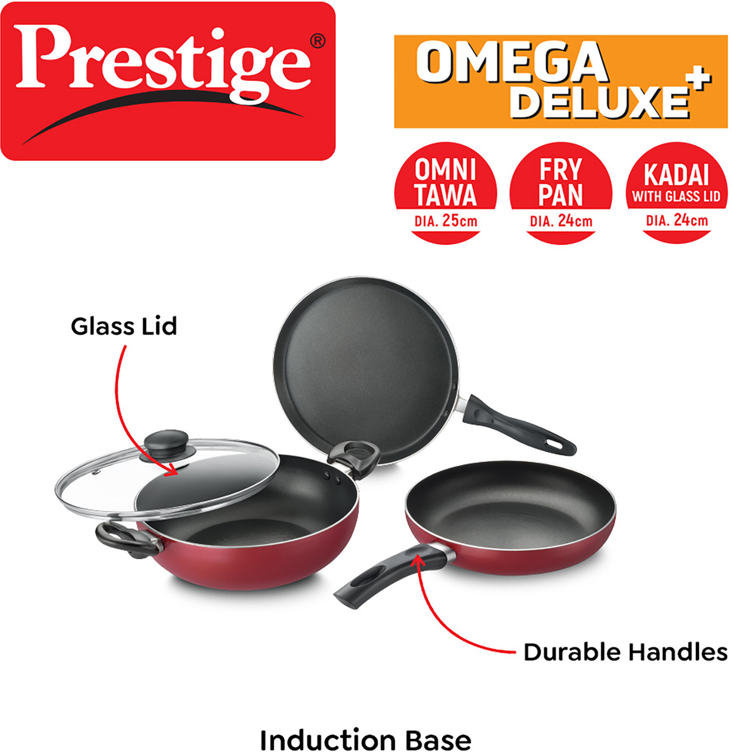 Image of Prestige Omega Deluxe Plus BYK Set of 3-Tawa, Fry Pan & Kadai with Glass Lid Induction Bottom Non-Stick Coated Cookware Set