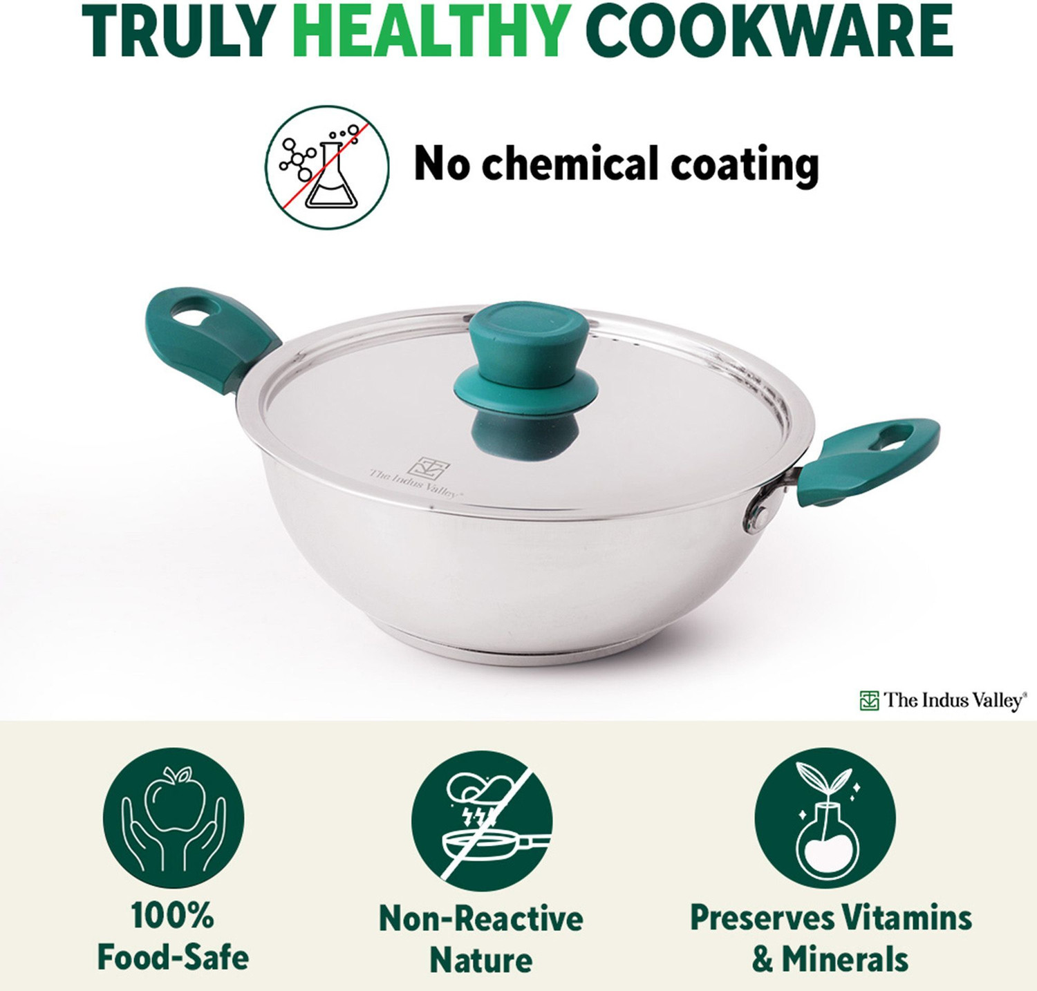 Image of The Indus Valley Stainless steel cookware set of 5 | Kadai, Frypan, Sauce pan Induction Bottom Cookware Set
