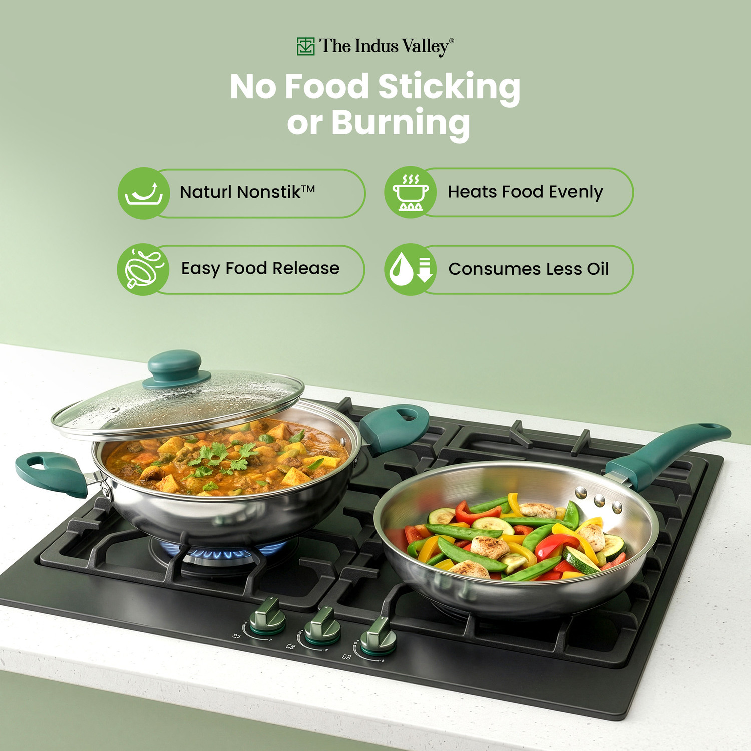 Image of The Indus Valley Triply Stainless Steel Cookware Set- kadai and Fry pan Induction Bottom Non-Stick Coated Cookware Set