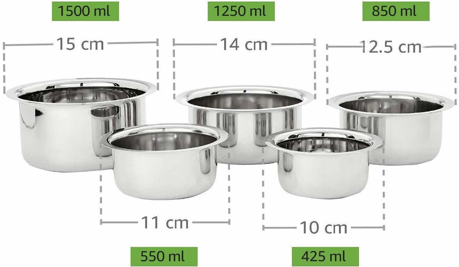 Image of RBGIIT Stainless Steel Tope Set of 5 Pcs Patila Flat Bottom, Mirror Finish Gas Base K0 Cookware Set