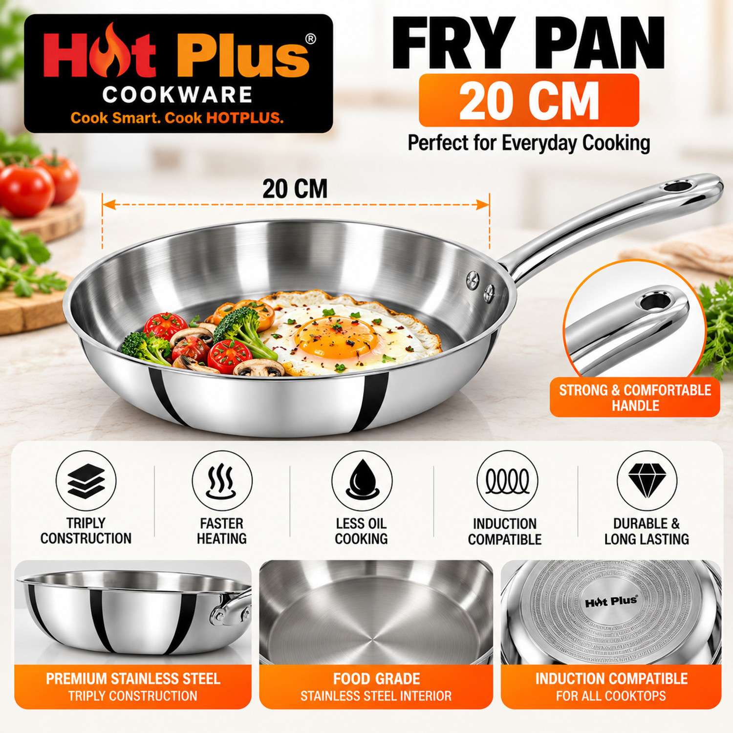 Image of hot plus Triply Stainless Steel Kadai, Fry Pan & Saucepan Combo with Glass Lid Induction Bottom Cookware Set (Triply, 4 - Piece)