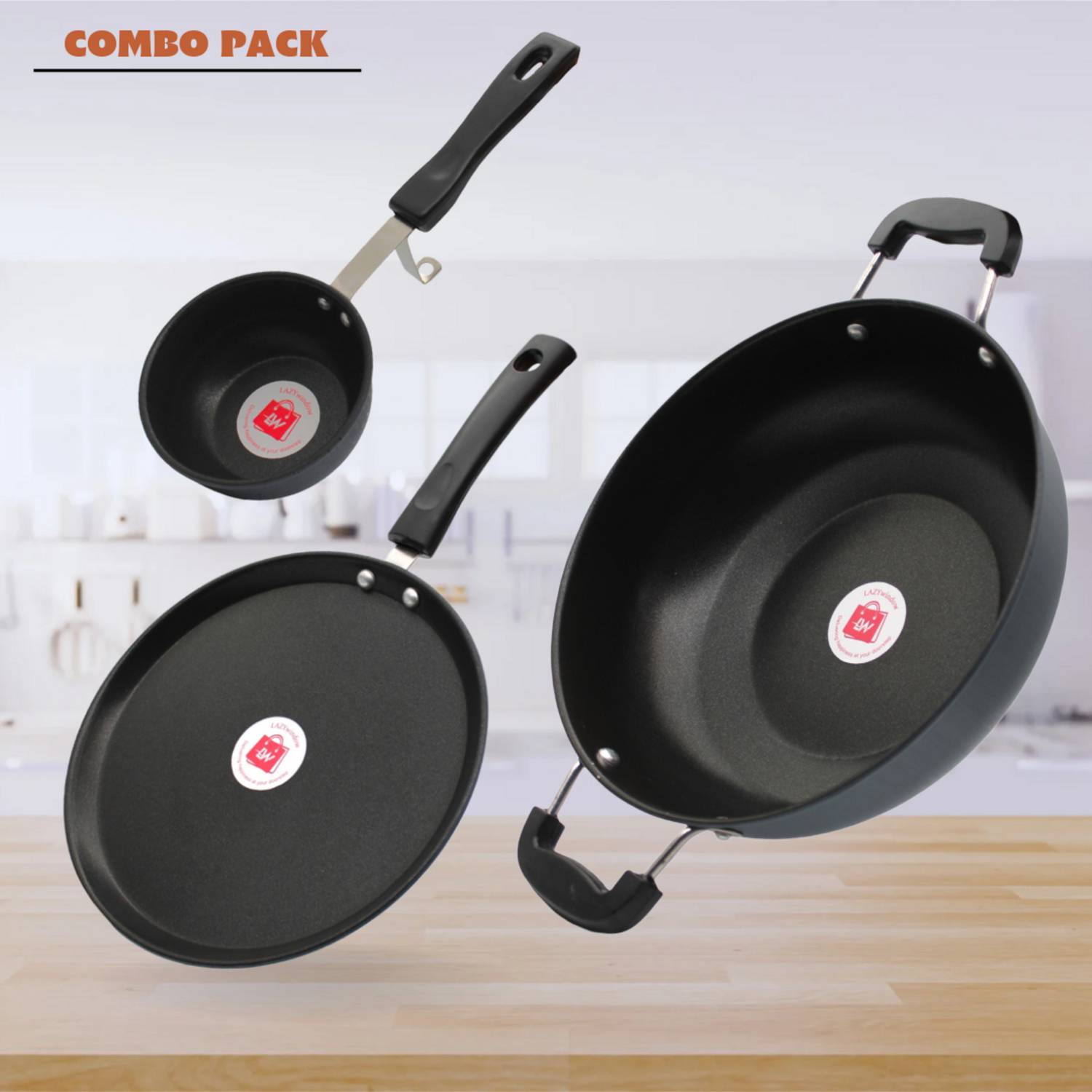 LAZYwindow Nonstick Tadka Pan, Tawa & Kadhai Combo (Black And Bas