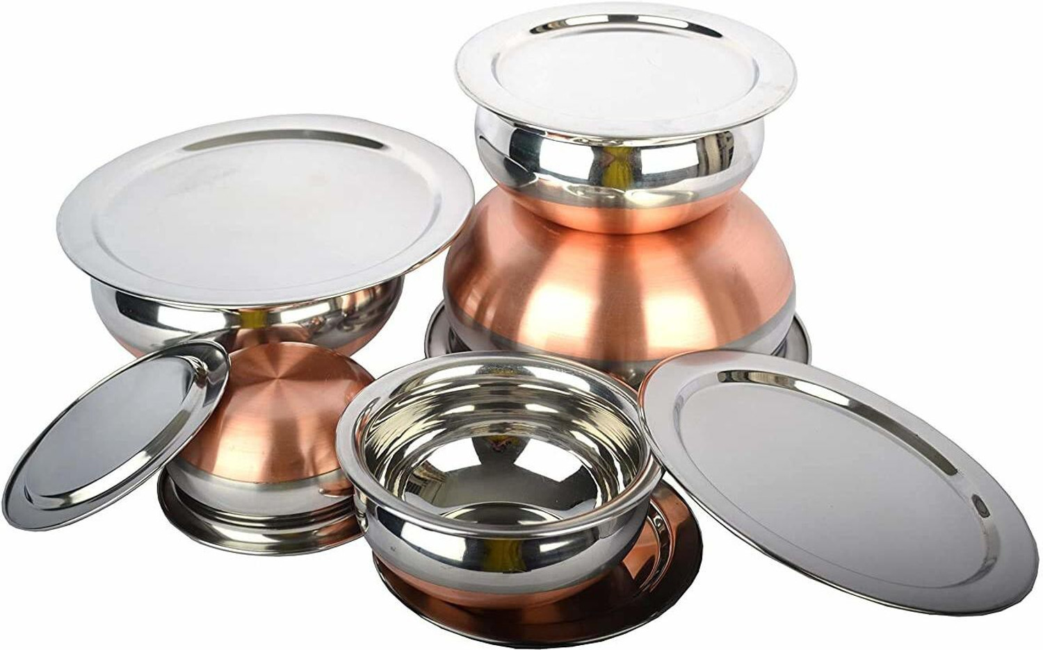 Image of Nirvika Stainless Steel Serving Bowl Stainless Steel Handi Set Copper Bottom handi set of 5 Cookware / Container /pot pan /patila /bhagona /Serving bowl /biryani cook & serve Set With Lids (Stainless Steel, Copper, Induction Bottom) Capacity 400 ML 650 ML and 800 ML 1200 ML,1600 ml