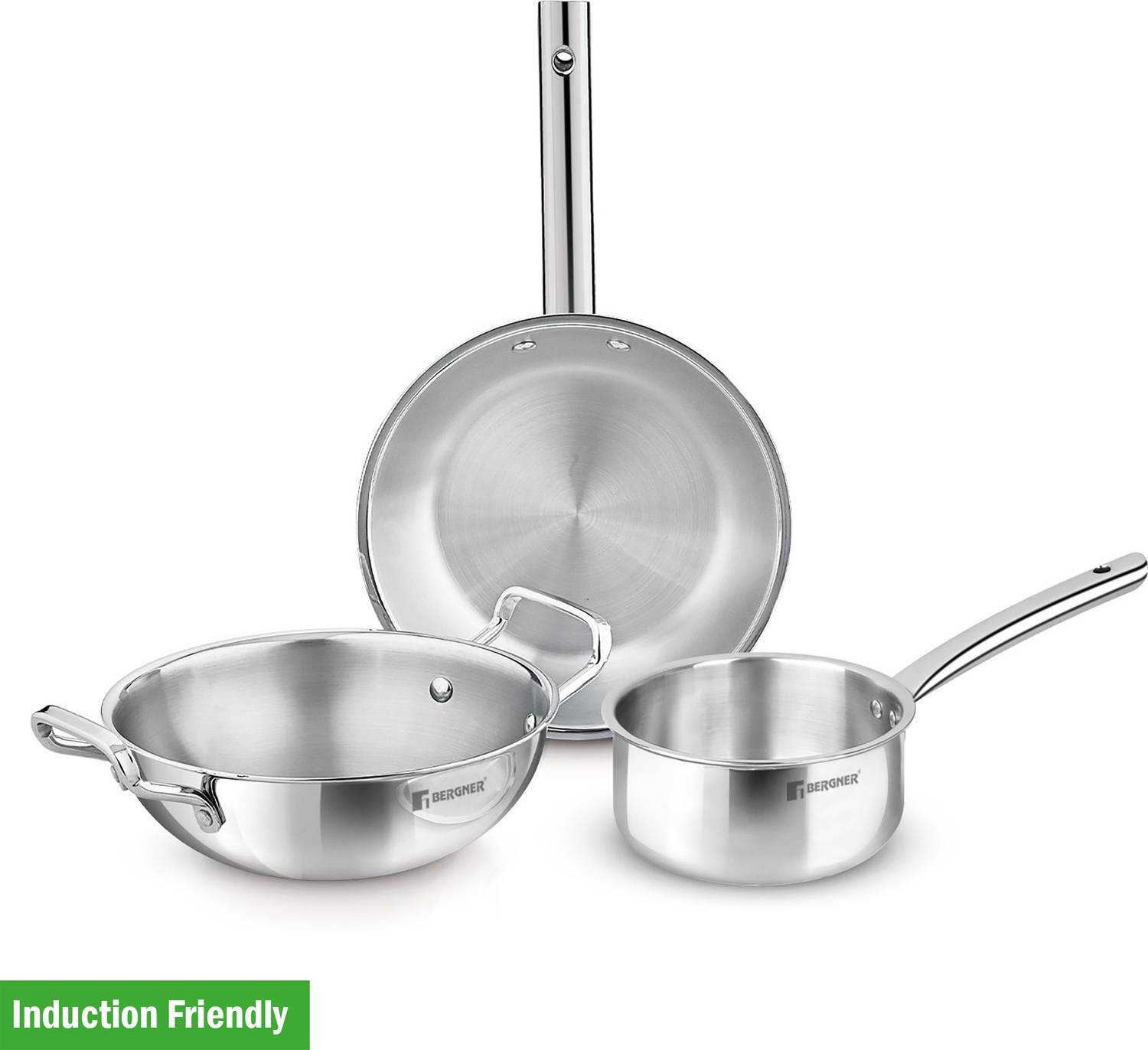 BERGNER TriPro 3 Pcs Triply Set of 22cm/2.1L Kadai, 22cm/1L Frypan, 14cm/1.1L Teapan, Induction Bottom Cookware Set