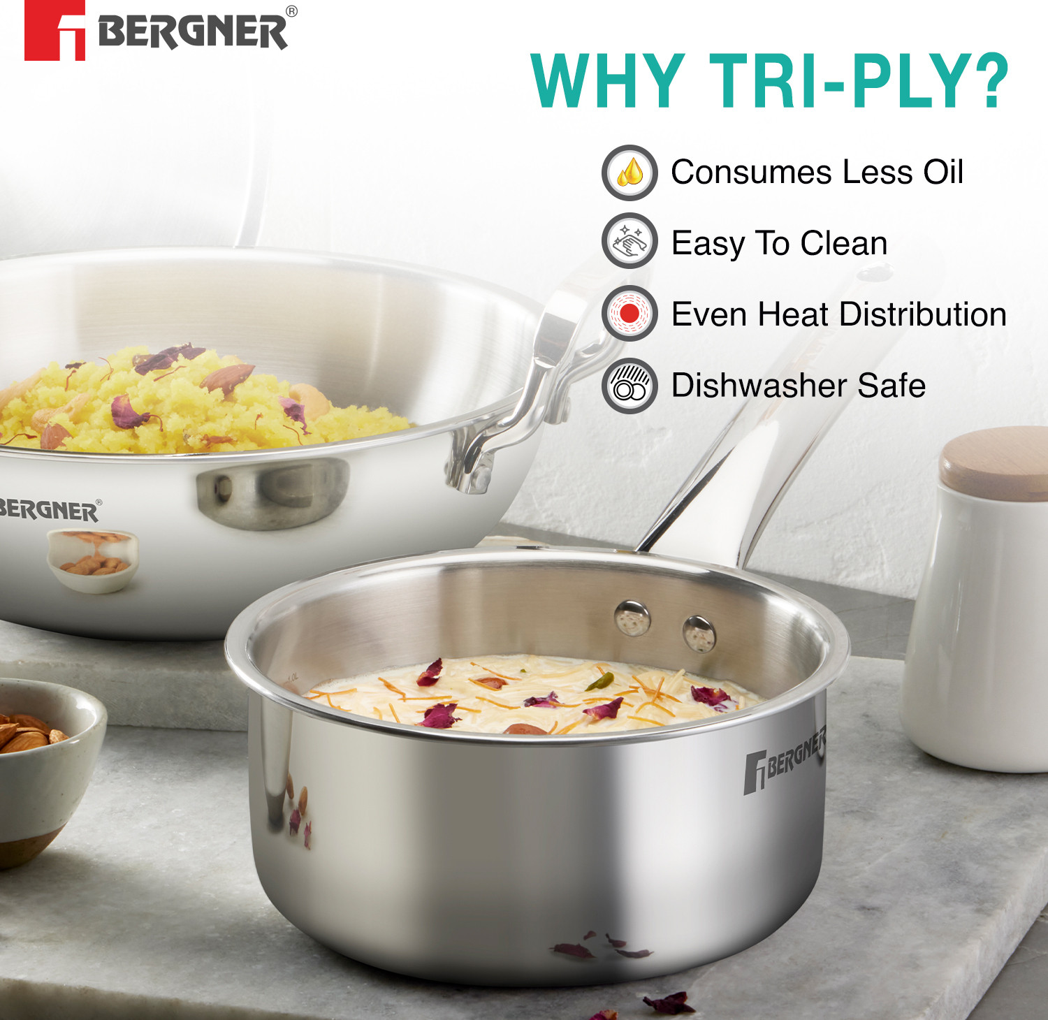 Image of BERGNER TriPro 3 Pcs Triply Set of 22cm /2.1L Kadai, 22cm /1L Frypan, 14cm /1.1L Teapan, Induction Bottom Cookware Set