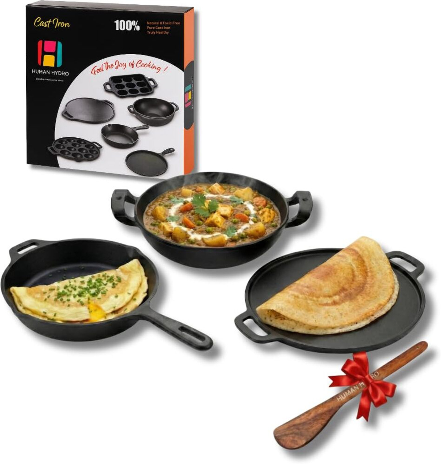Image of Human Hydro Cast Iron Combo - 30cm Tawa, 25cm Fry Pan, 26cm Kadai With Wooden Spatula Induction Bottom Cookware Set