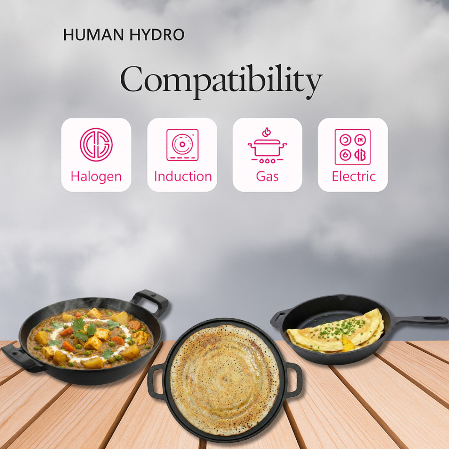 Image of Human Hydro Cast Iron Combo - 30cm Tawa, 25cm Fry Pan, 26cm Kadai With Wooden Spatula Induction Bottom Cookware Set