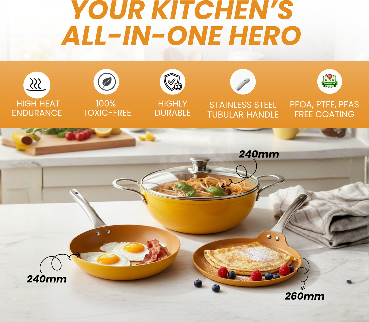 Image of Salford Forged Ceramic Non-Stick Set of 3 | Mustard Yellow | Induction Bottom Non-Stick Coated Cookware Set