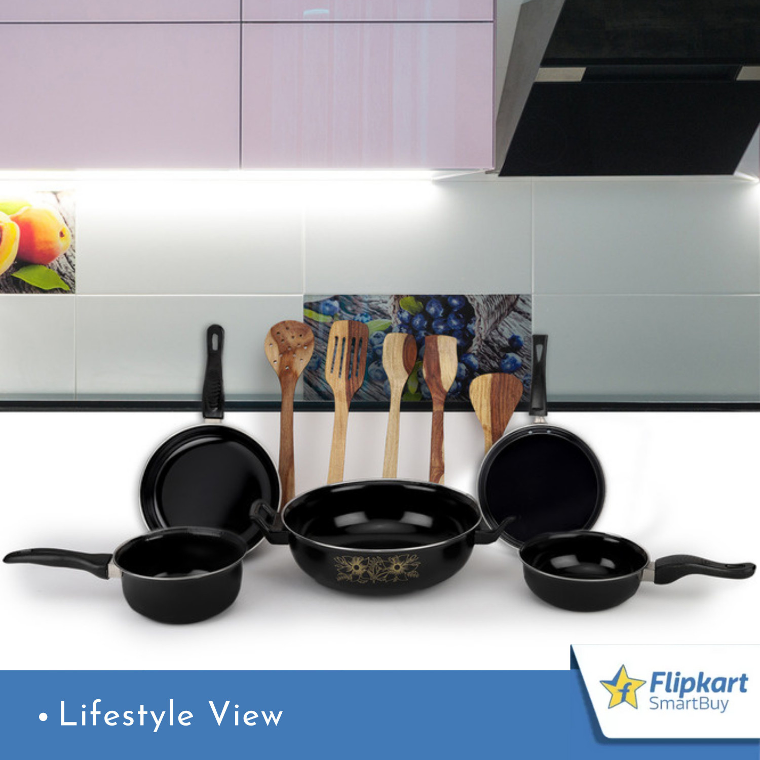 Image of Flipkart SmartBuy Set of Kadhai, Tawa, Fry Pan, Sauce Pan, Tadka Pan & 5 Wooden Spatula 09 | Induction Bottom Non-Stick Coated Cookware Set