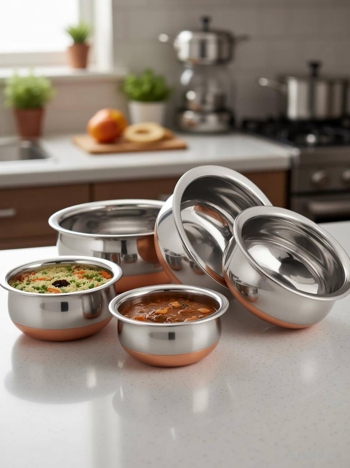 RBGIIT Cooking and Serving Copper Bottom Handi Set 5 Pc Biryani Pot Punjabi Handi K0 Cookware Set