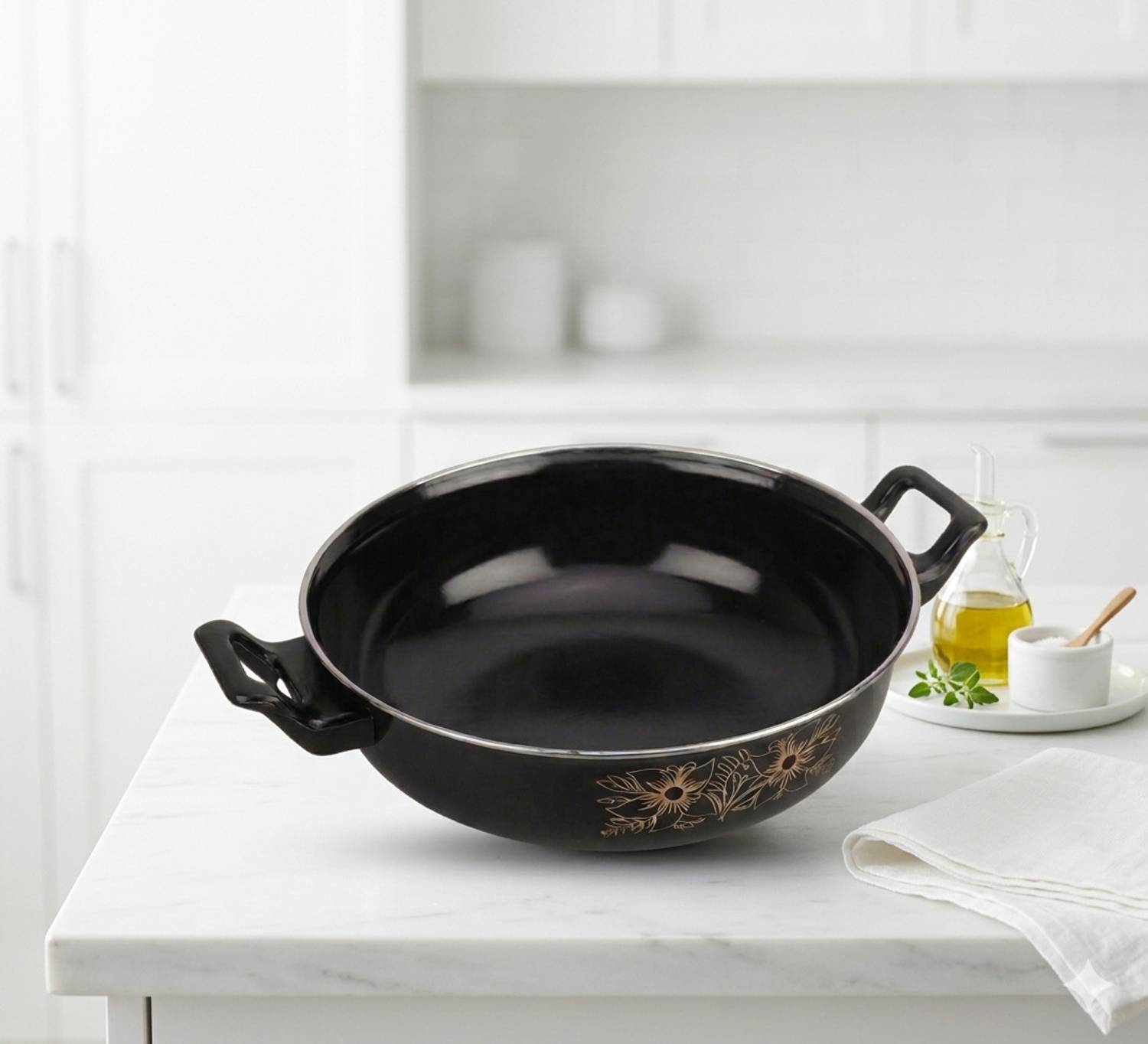 Jainpet Sophisticated Floral Non-Stick Karahi for Modern Kitchens Non-Stick Coated Cookware Set — Fry Pans & Cookware Sets
