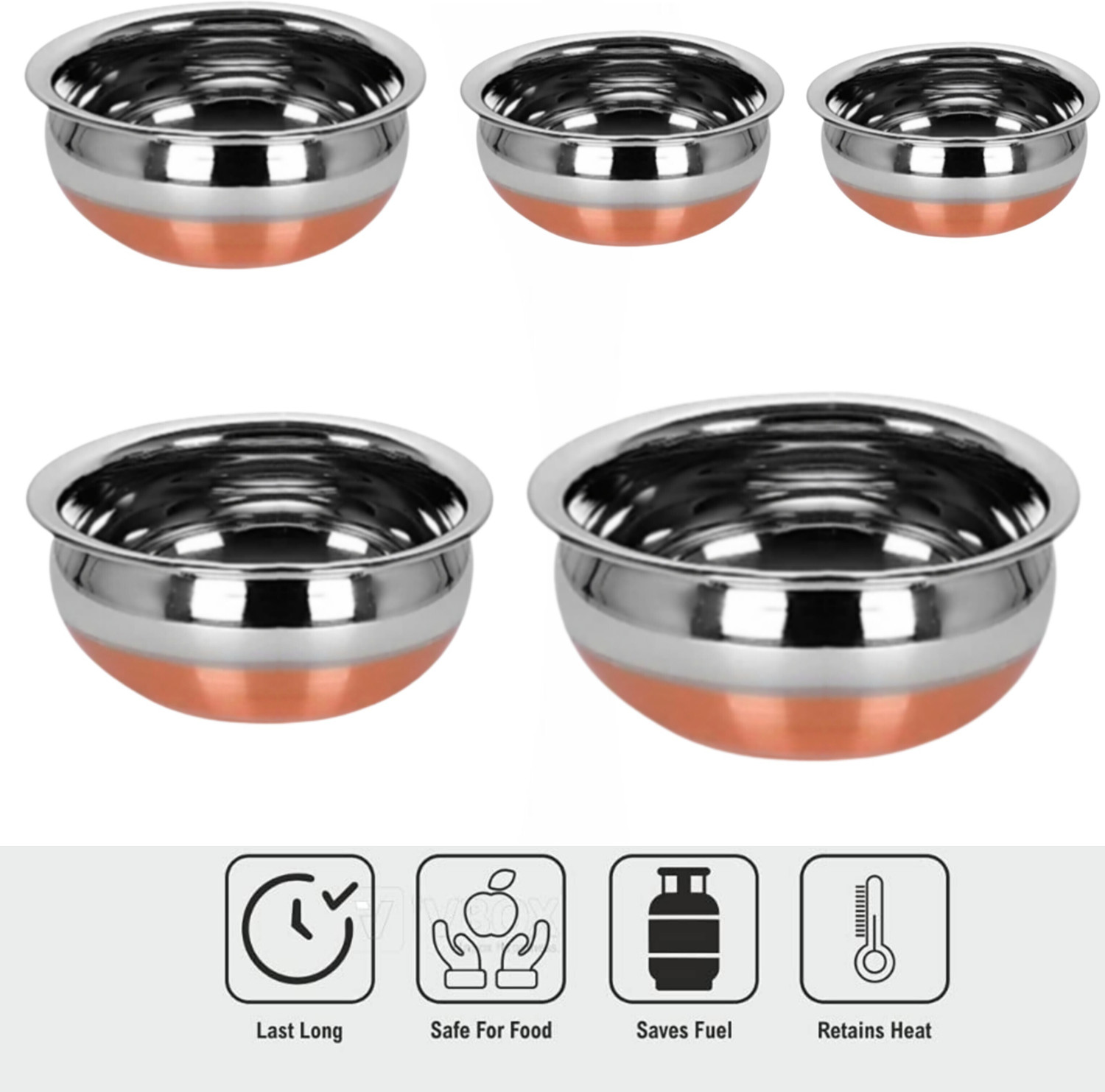 Image of RBGIIT Stainless Steel Copper Bottom Cooking Serving Pot with Lid Biryani Handi 5 Pc K0 Cookware Set