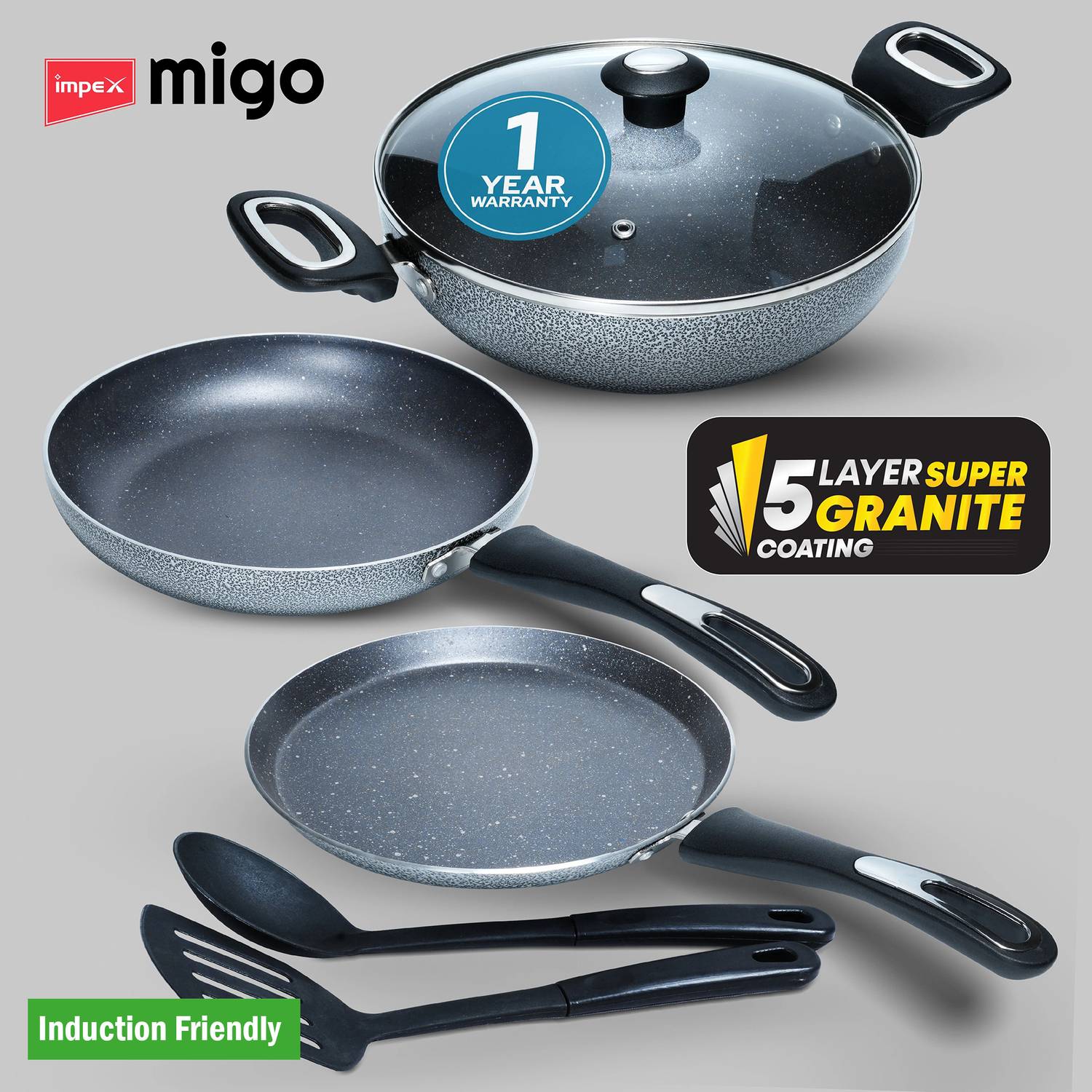 IMPEX Nonstick Induction Bottom Granite Festival GiftMFKT 5 Layer Super Granite Induction Bottom Non-Stick Coated Cookware Set