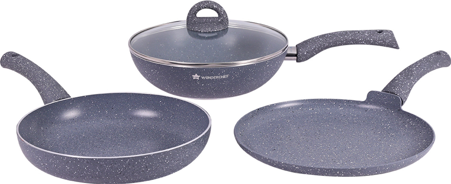 Image of WONDERCHEF Granite Non-stick 4-piece Cookware Set(Fry Pan with Lid, Wok, Dosa Tawa), Induction bottom, Soft-touch handles, Virgin grade aluminium, PFOA /Heavy metals free, 3.5mm, 2 years warranty Induction Bottom Non-Stick Coated Cookware Set