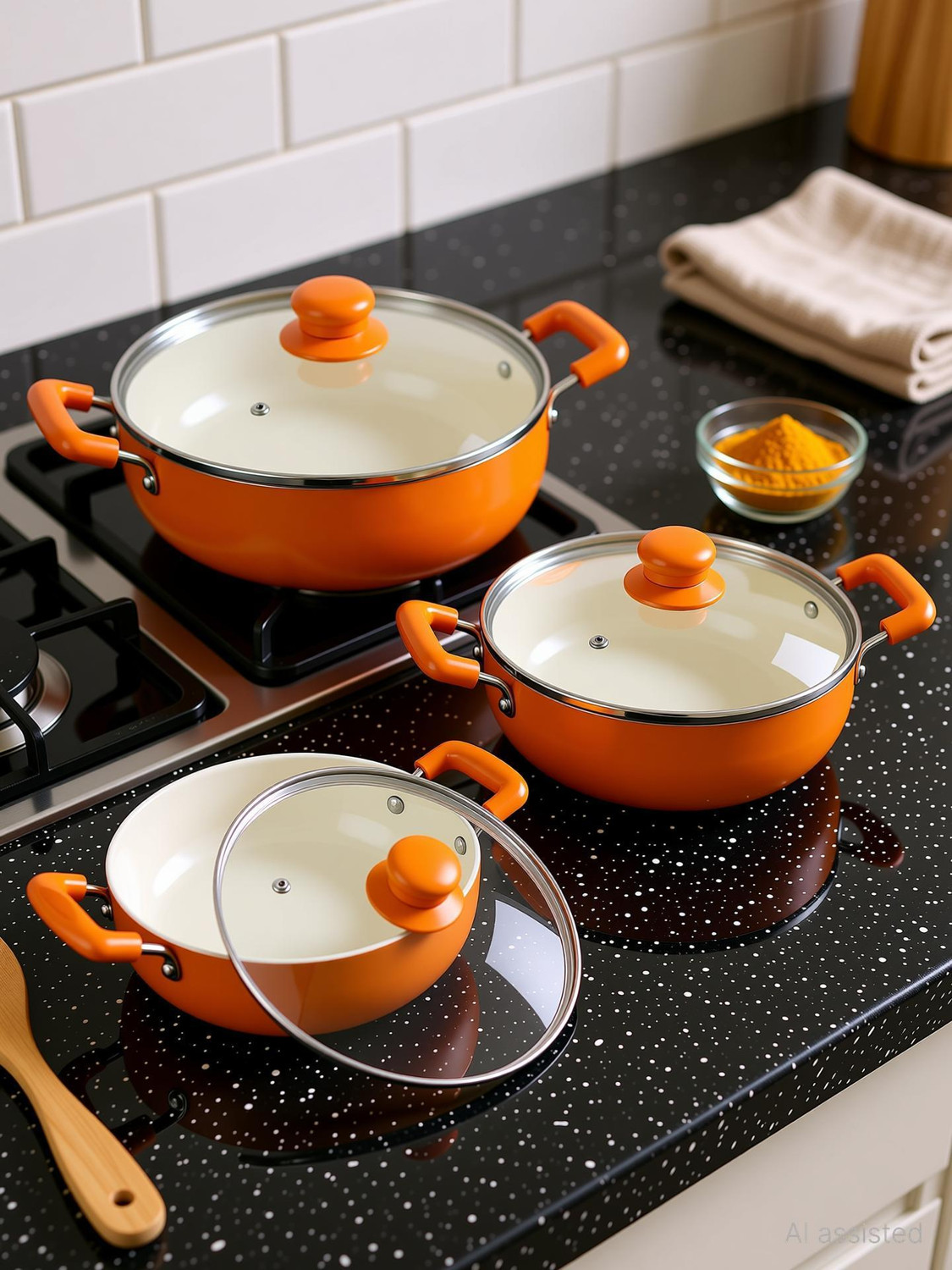Image of NIRLON Ceramic Coated Aluminum Kadai with Glass Lid 3pcs Set Induction Bottom Non-Stick Coated Cookware Set
