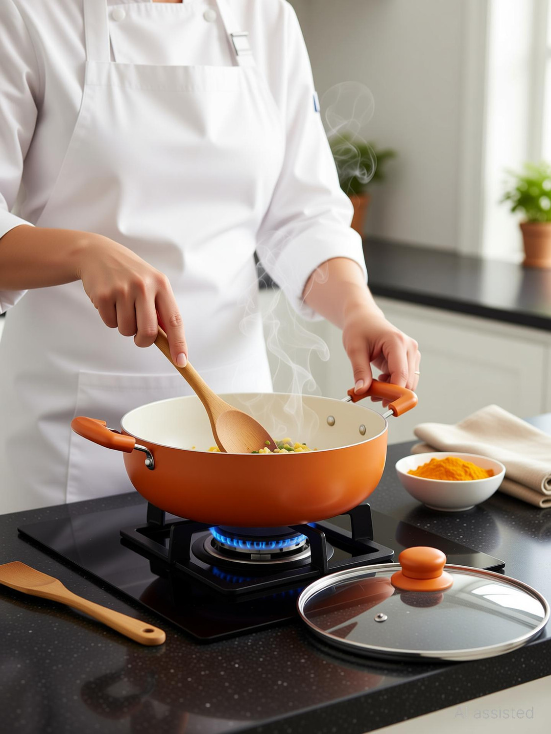Image of NIRLON Ceramic Coated Aluminum Kadai with Glass Lid 3pcs Set Induction Bottom Non-Stick Coated Cookware Set