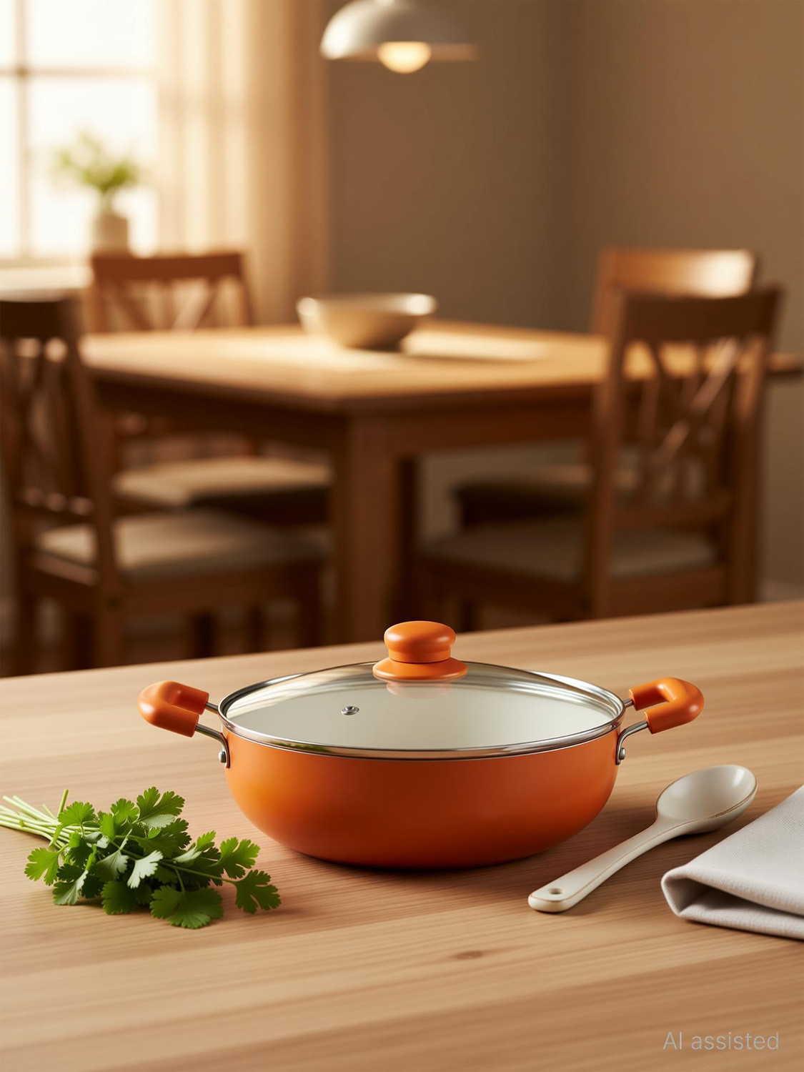 Image of NIRLON Ceramic Coated Aluminum Kadai with Glass Lid 3pcs Set Induction Bottom Non-Stick Coated Cookware Set