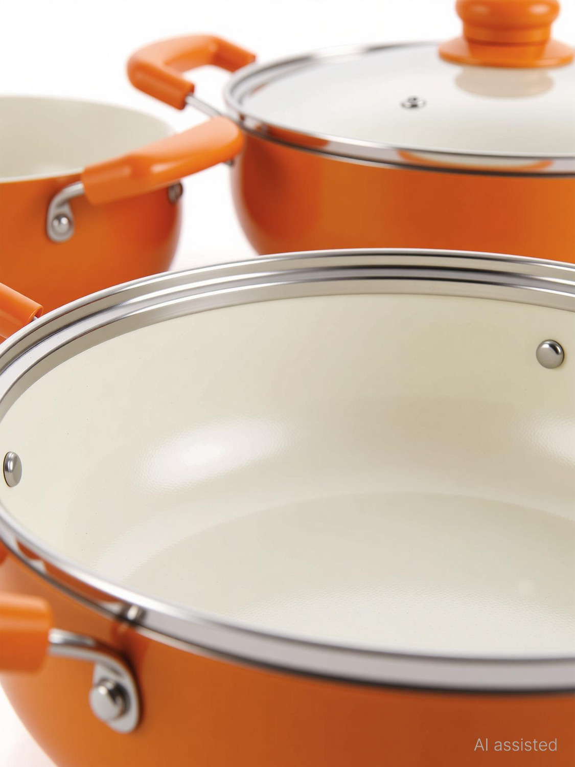 Image of NIRLON Ceramic Coated Aluminum Kadai with Glass Lid 3pcs Set Induction Bottom Non-Stick Coated Cookware Set