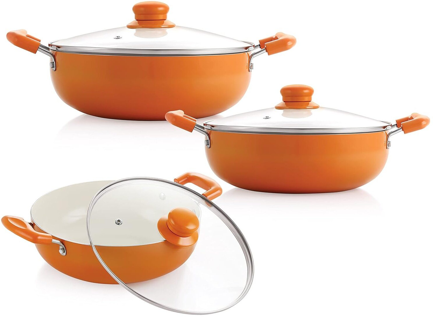 Image of NIRLON Ceramic Coated Aluminum Kadai with Glass Lid 3pcs Set Induction Bottom Non-Stick Coated Cookware Set
