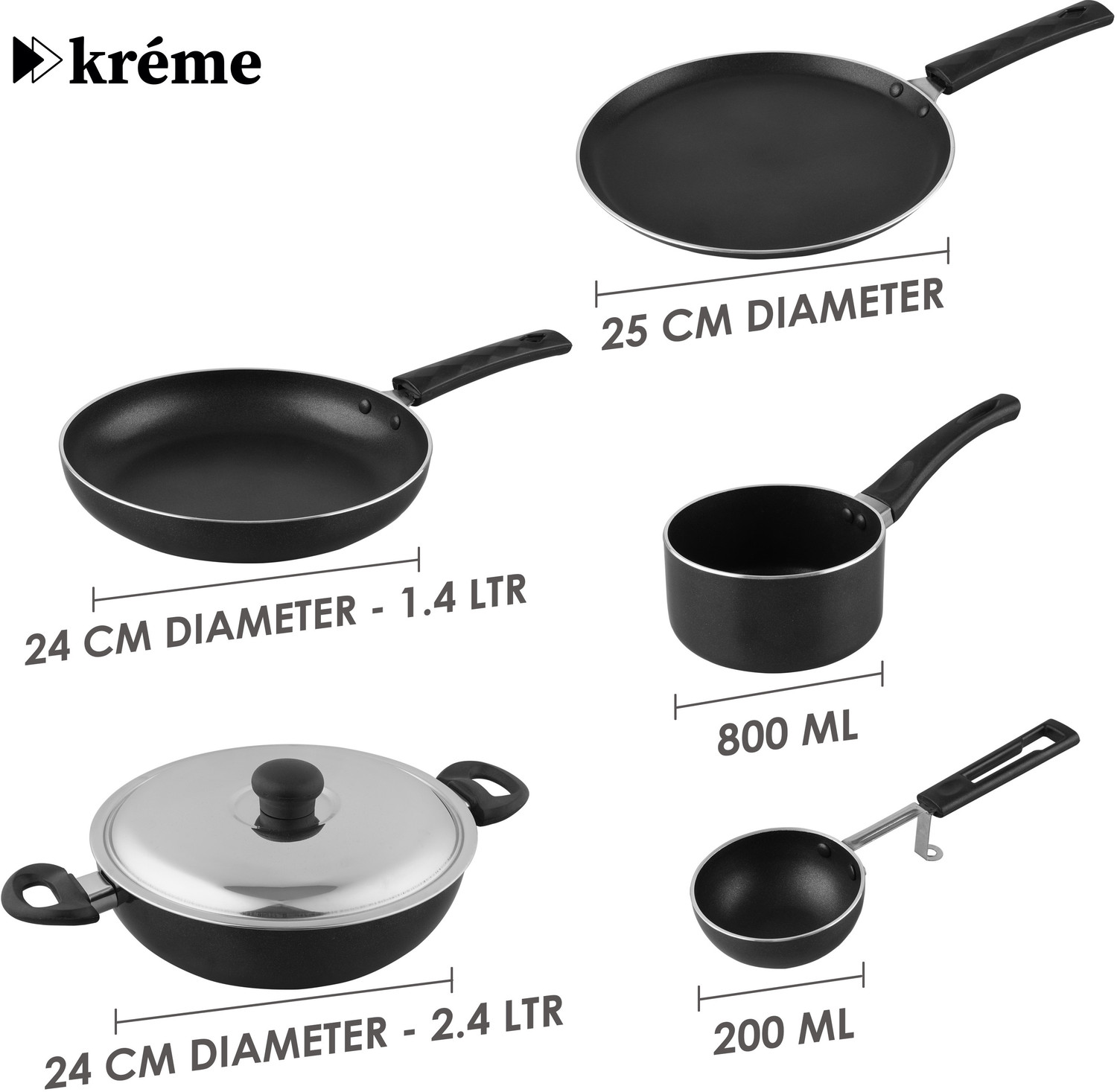 Image of Kreme Kitchen Starter Kit Non-Stick Coated Cookware Set (Aluminium, 7 - Piece)