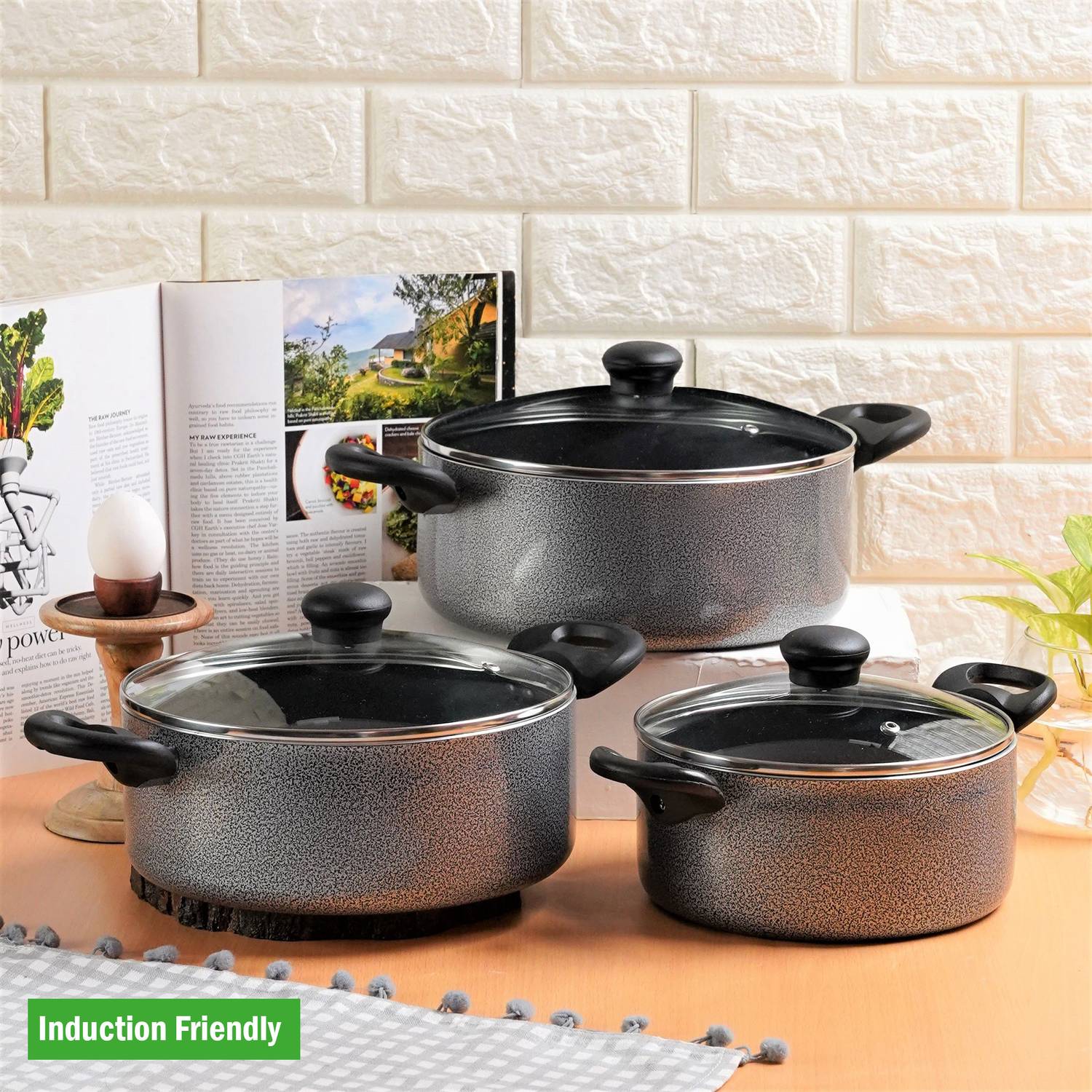 Kreme DELUXE 3mm Induction Bottom Casserole 2.5L + 3.5L + 4.5L Set of 3 pcs Induction Bottom Non-Stick Coated Cookware Set