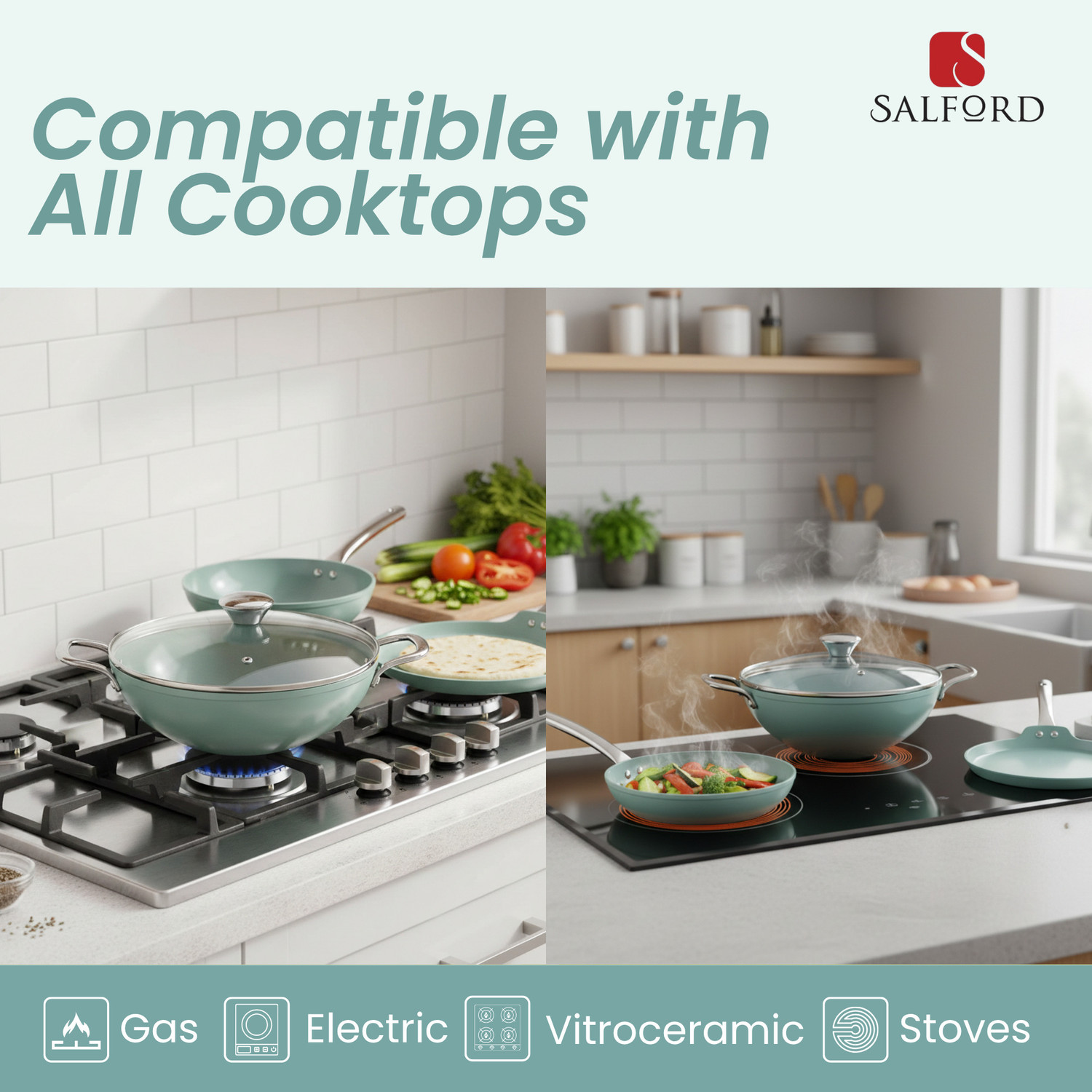 Image of Salford Forged Ceramic Non-Stick Set of 3 | Green | Induction Bottom Non-Stick Coated Cookware Set