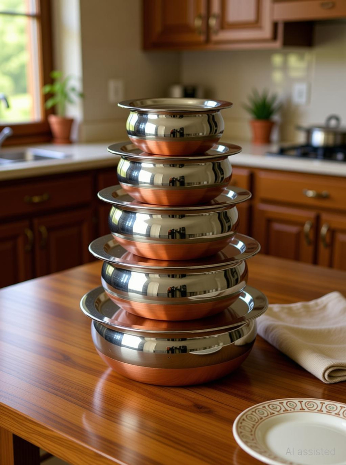 Image of RBGIIT Stainless Steel Copper Bottom Cooking Serving Pot with Lid Biryani Handi 5 Pc K0 Cookware Set