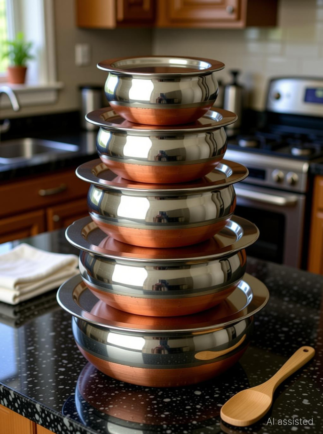 Image of RBGIIT Stainless Steel Copper Bottom Cooking Serving Pot with Lid Biryani Handi 5 Pc K0 Cookware Set