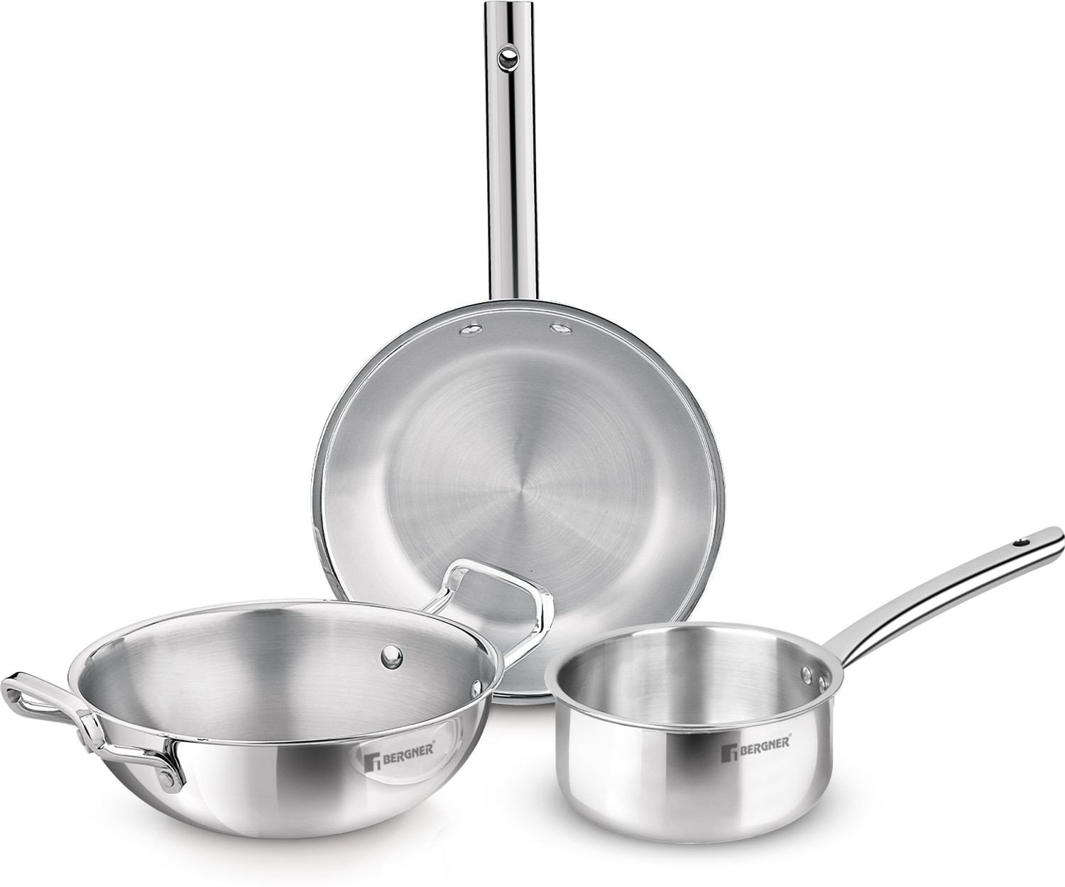 Image of BERGNER TriPro 3 Pcs Triply Set of 22cm /2.1L Kadai, 22cm /1L Frypan, 14cm /1.1L Teapan, Induction Bottom Cookware Set