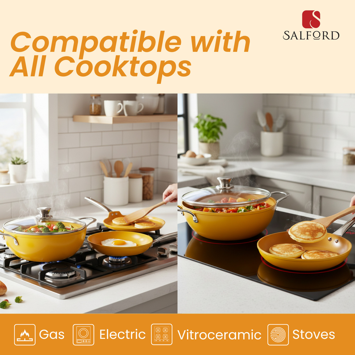 Image of Salford Forged Ceramic Non-Stick Set of 3 | Mustard Yellow | Induction Bottom Non-Stick Coated Cookware Set