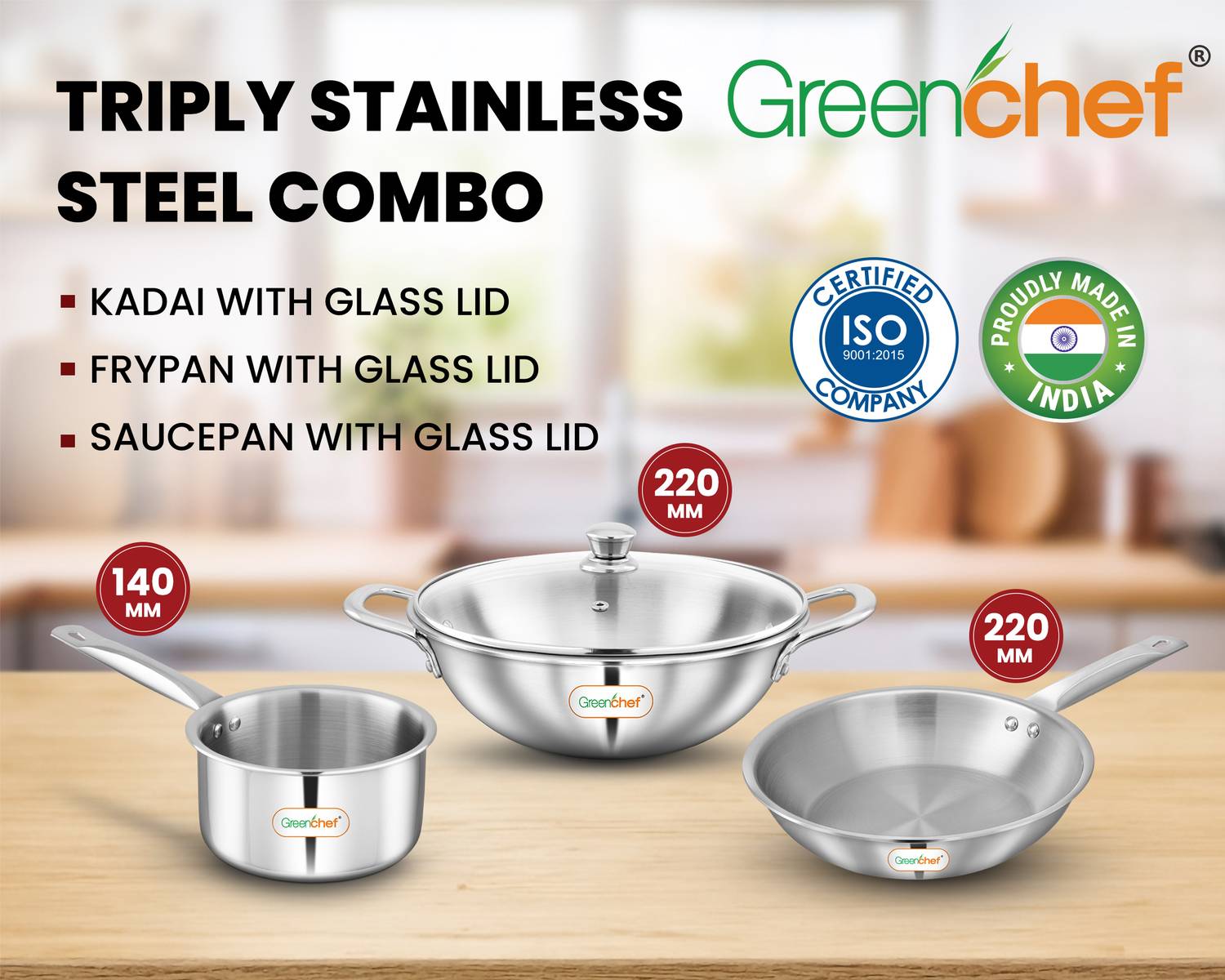 Greenchef Crest Triply Cookware combo(Kadhai glass lid 22CM, Sauc... more