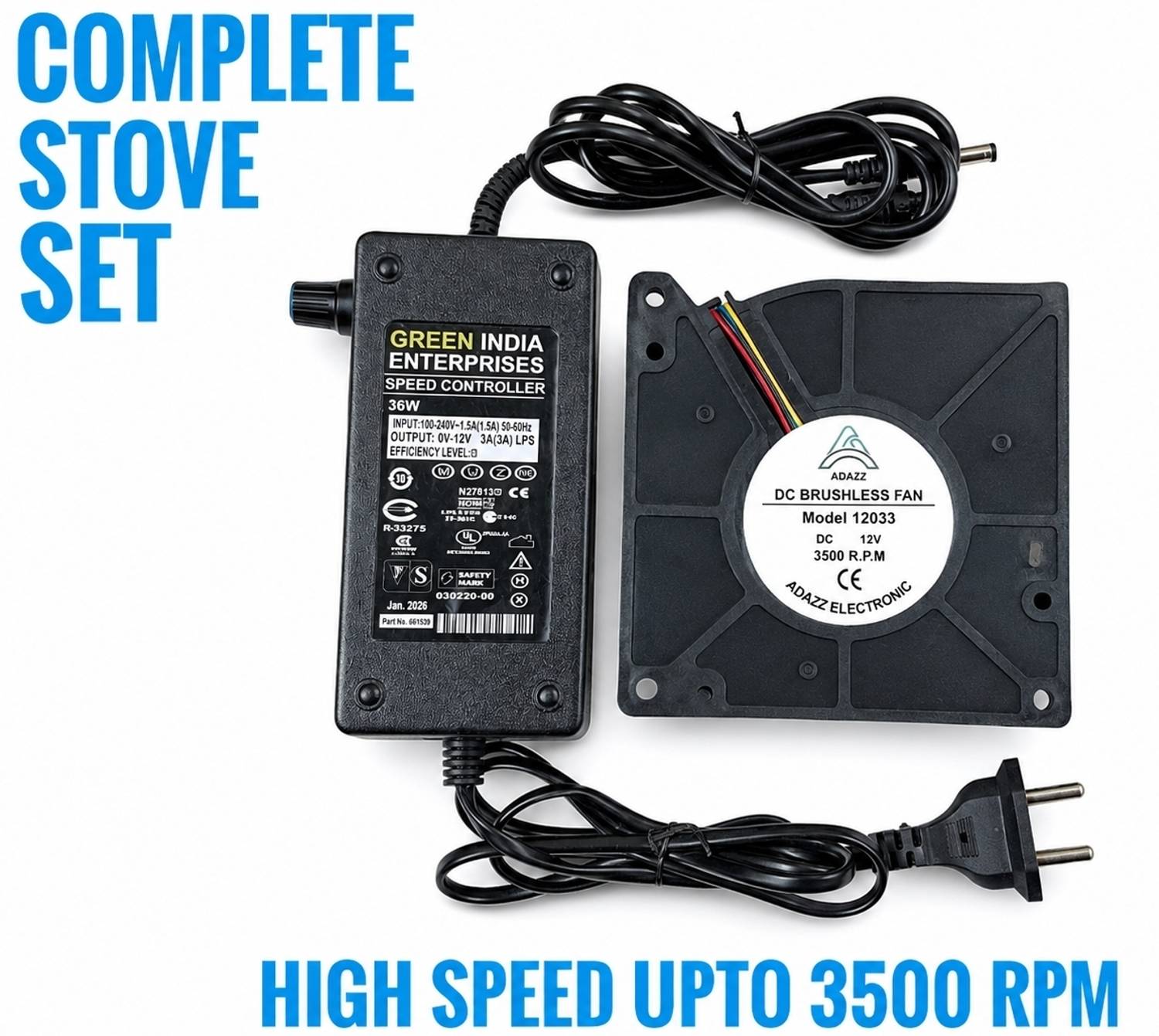 ADA2Z DC 12V 3500RPM MODEL 12033 WITH 3 AMP CONTROLLER COMPLETE STOVE SET Cooling Fan All in one Cooler