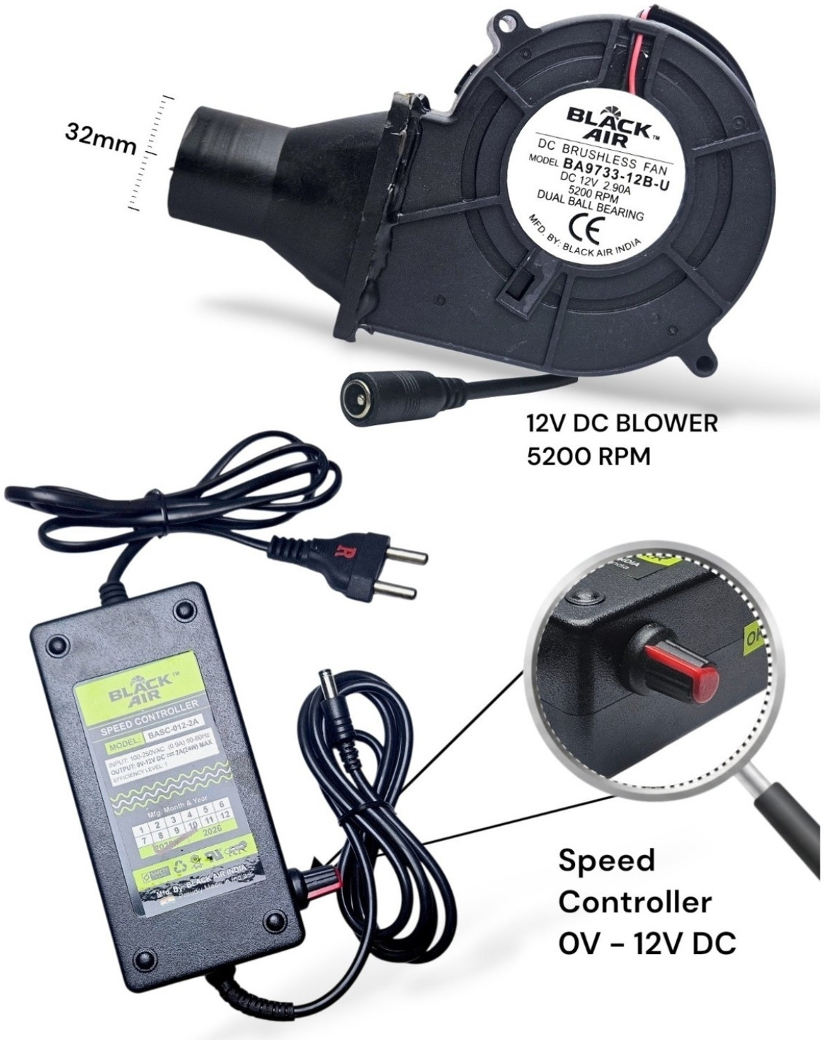 Image of Black Air 5200RPM 12VDC 2.90A BLOWER FAN WITH NOZZLE & SPEED CONTROLLER FOR WOOD /BBQ STOVE Cooling Fan All in one Cooler