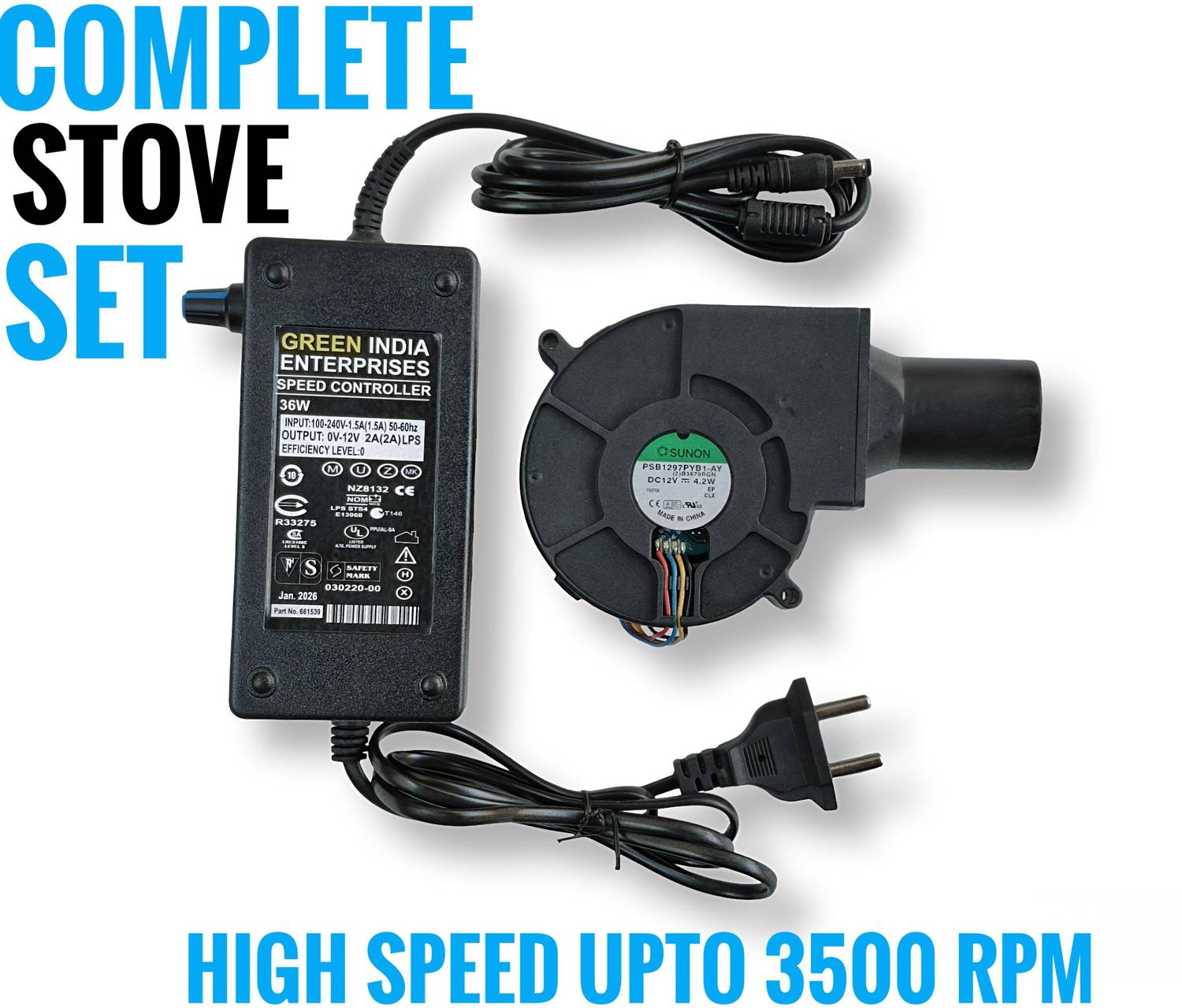 ADA2Z DC 12V 4.2W MODEL PSB1297 3500 RPM WITH 2AMP CONTROLLER COMPLETE STOVE SET Cooling Fan All in one Cooler