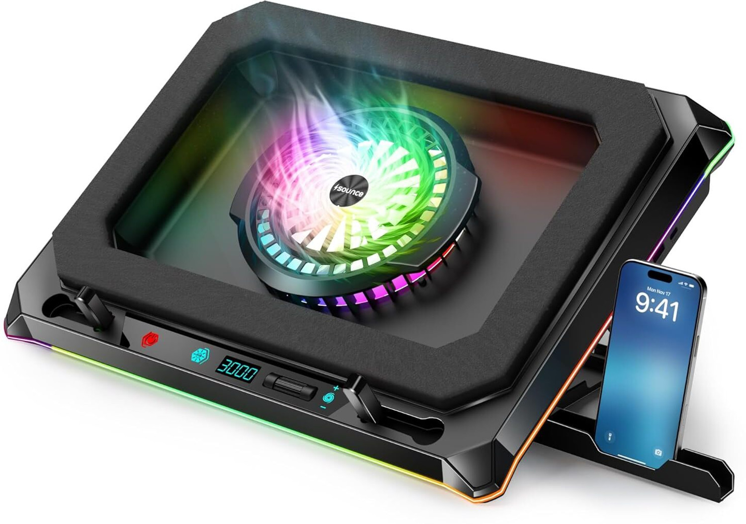 Image of sounce RGB Laptop Cooling Pad,140mm Fan,Dual USB,Mobile Holder | SNC-140MMRGBCOOLING 1 Fan Ergonomic Cooling Pad with Adjustable Height