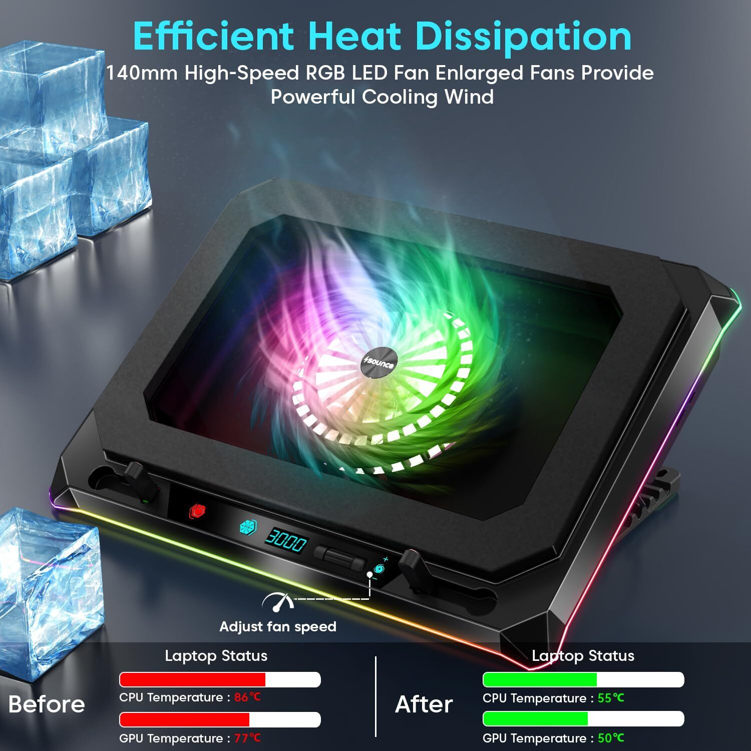 Image of sounce RGB Laptop Cooling Pad,140mm Fan,Dual USB,Mobile Holder | SNC-140MMRGBCOOLING 1 Fan Ergonomic Cooling Pad with Adjustable Height