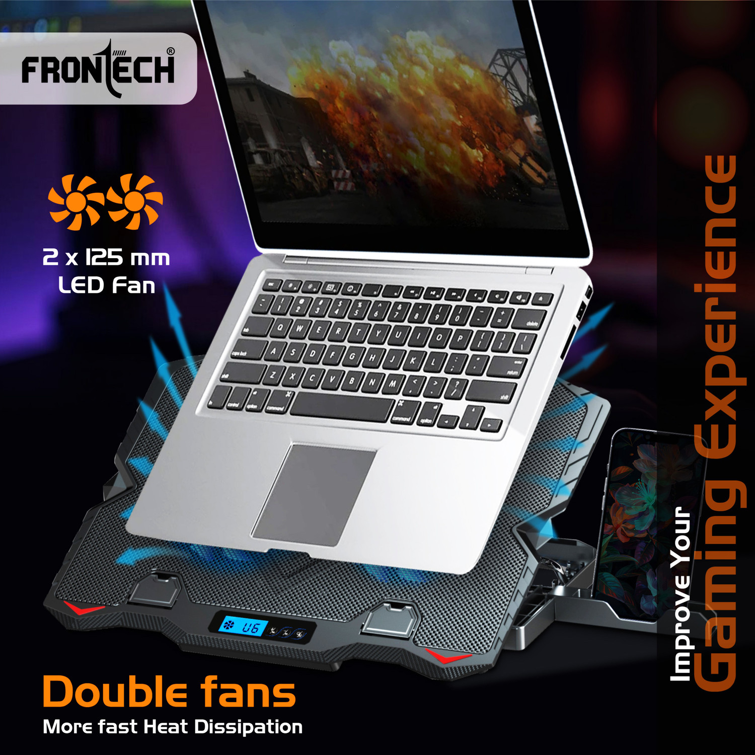 Image of Frontech Laptop Cooling Pad | 2x125mm Fans | Heat Dissipation | 2 USB Ports | 2 Fan Cooling Pad with Adjustable Height