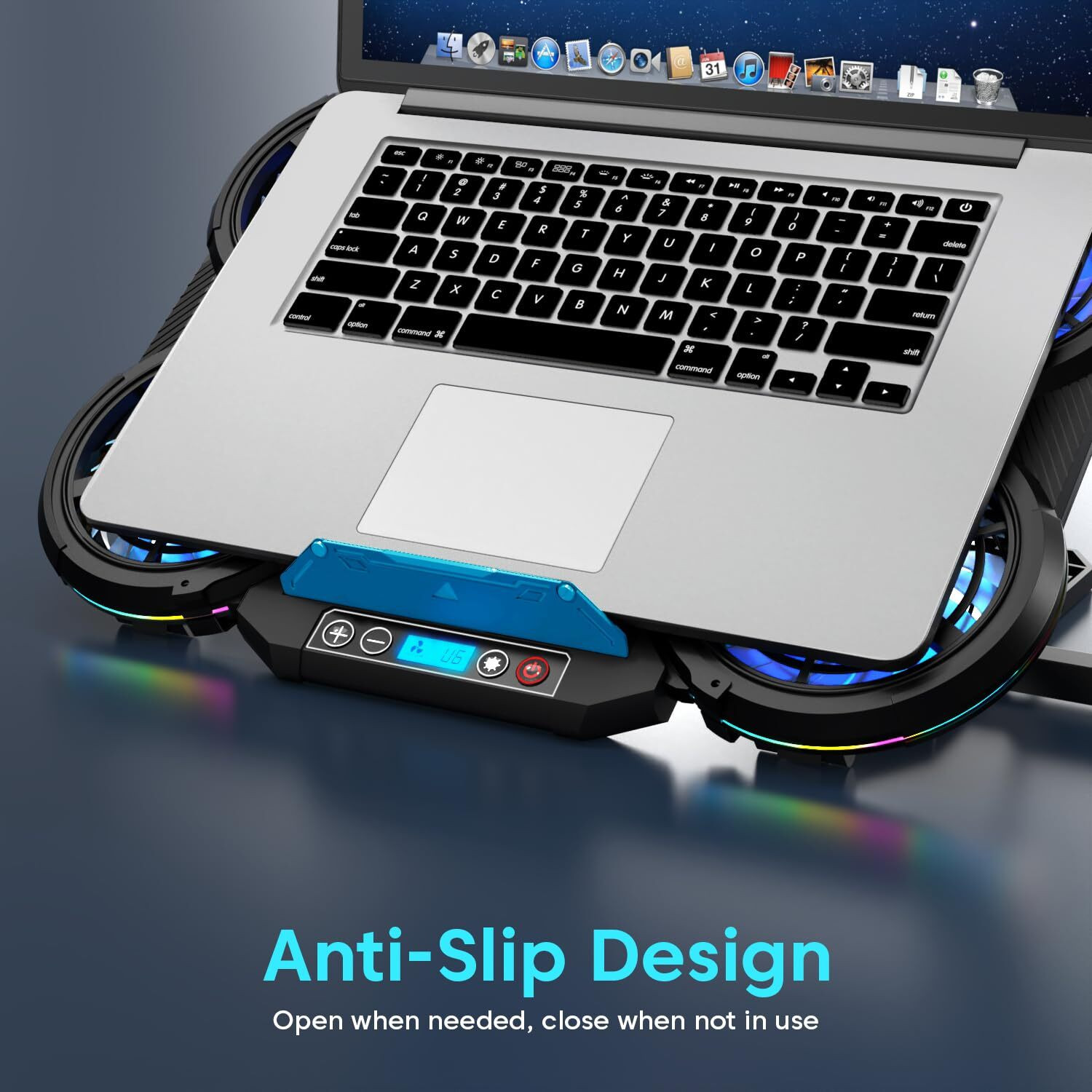 Image of sounce RGB Laptop Cooling Pad, 6 Silent Fans, Dual USB, LCD, Adjustable Stand | SNC- 6 Fan Ergonomic Cooling Pad with Adjustable Height