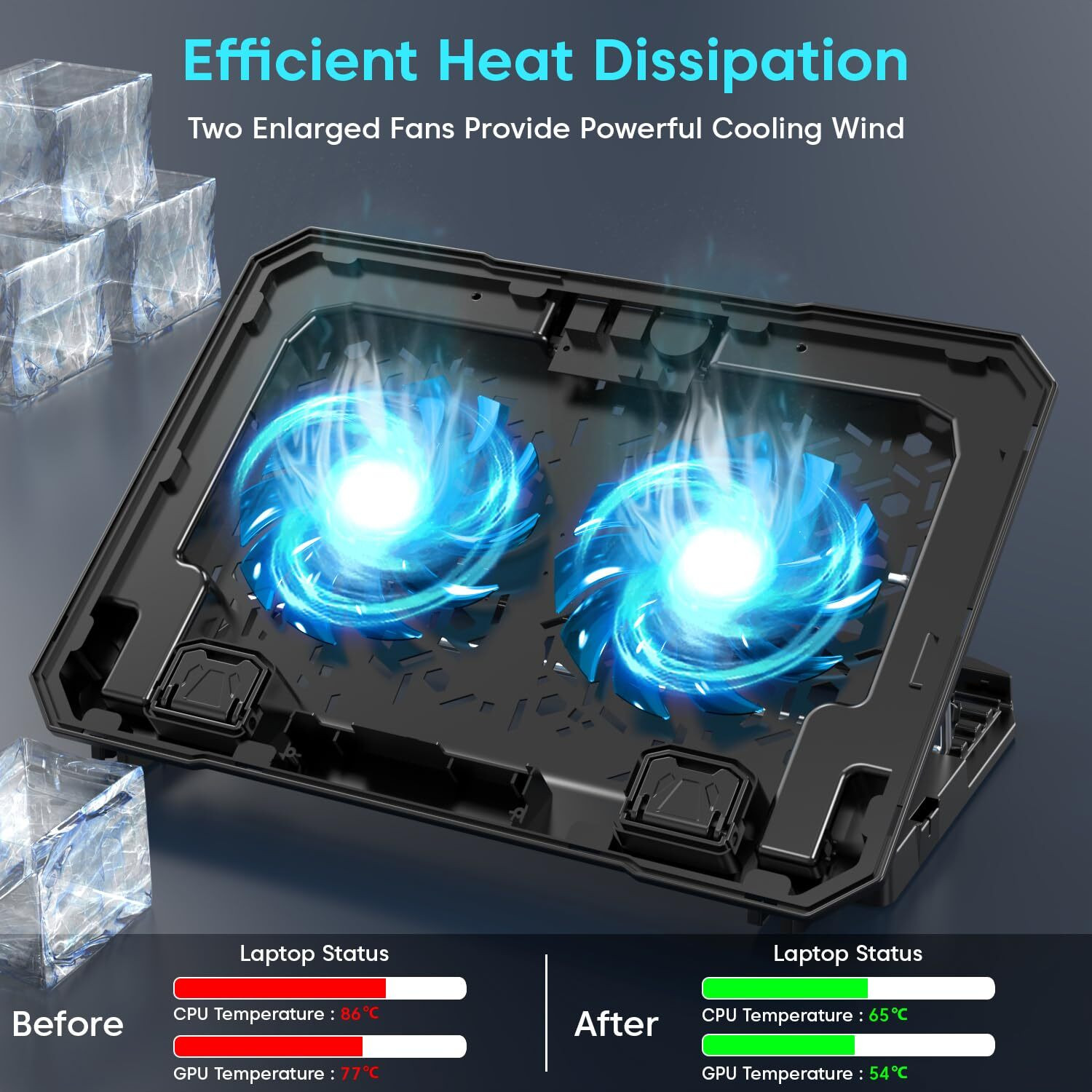 Image of sounce Snowstorm Laptop Cooling Pad with Dual Fans & USB Hub | SNC-LPTP-COLR-BLK Ergonomic Cooling Pad with Adjustable Height