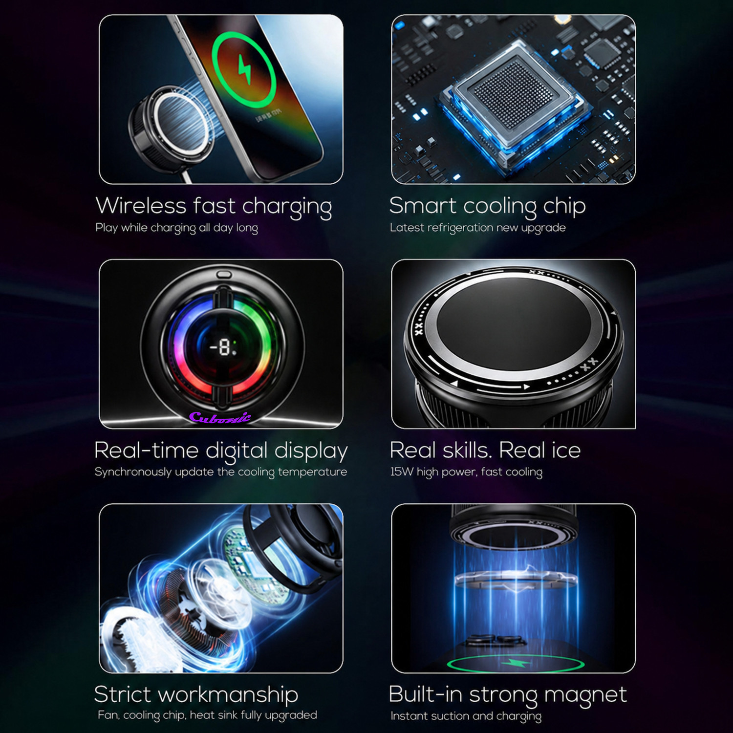 Image of Cubonic 15W CX19 Magnetic Cooler + Wireless Charging Device with Compatible IOS /Android Gadgets, LED Display, Cool RGB, 1 Button Operation, Instant Chill Type C Wired USB Fan