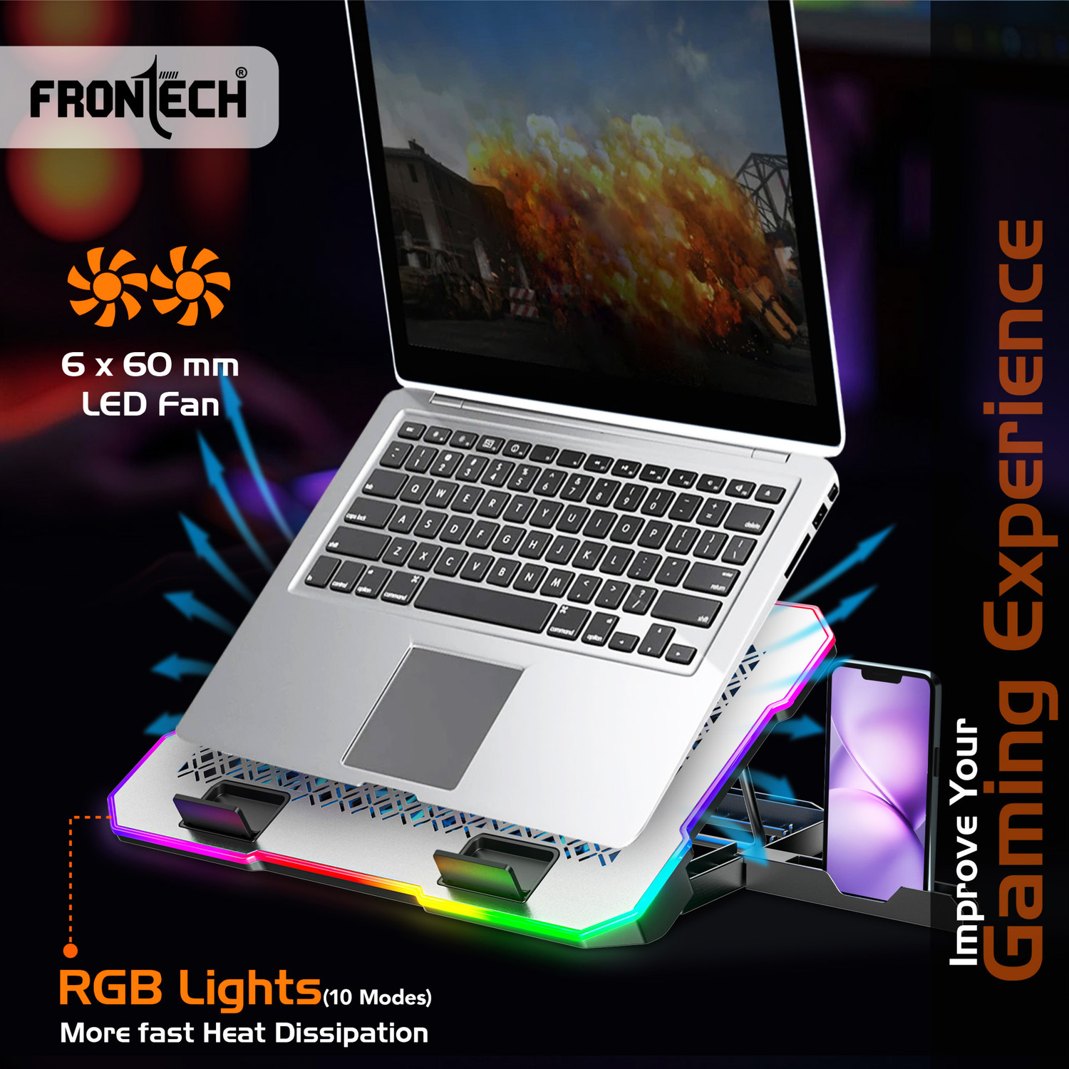 Image of Frontech Laptop Cooling Pad | 6x60mm RGB Fans | Heat Dissipation Design | Mobile Stand | 6 Fan Cooling Pad with Adjustable Height