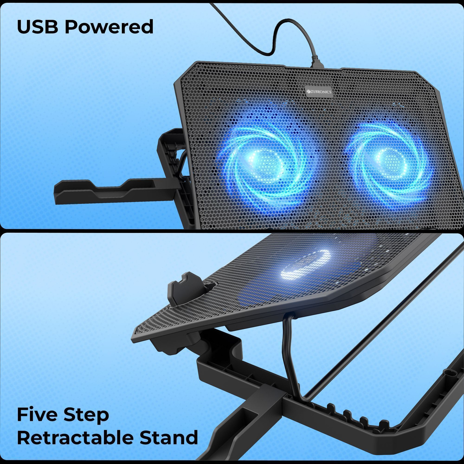 Image of ZEBRONICS NC3500 with Blue LED, 2-Fan Ergonomic Cooling Pad, with Adjustable Height 2 Fan Ergonomic Cooling Pad with Adjustable Height