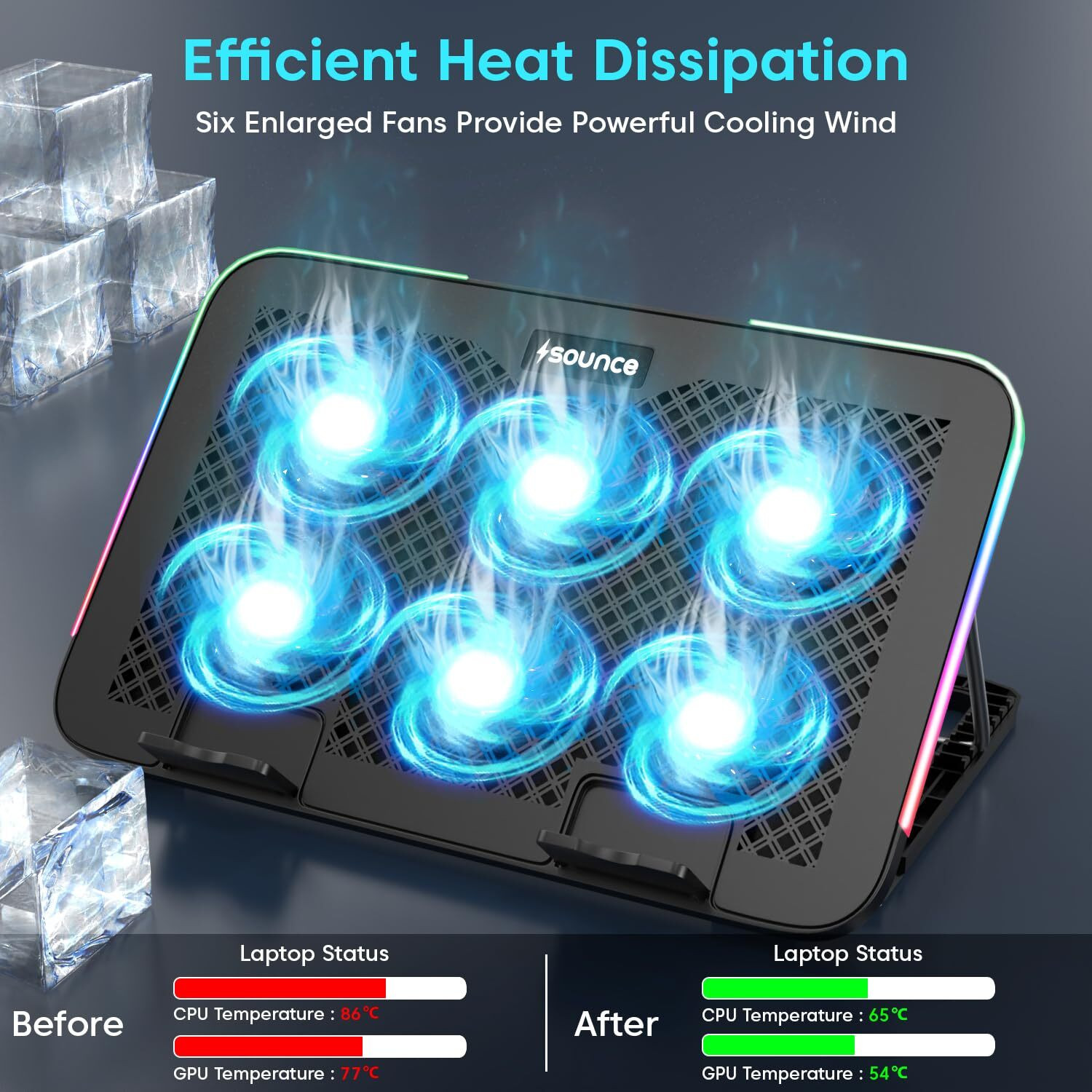 Image of sounce Snowstorm Pro Laptop Cooling Pad, 6 Fans| SNC-LAPTOPCP BLK 6 Fan Ergonomic Cooling Pad