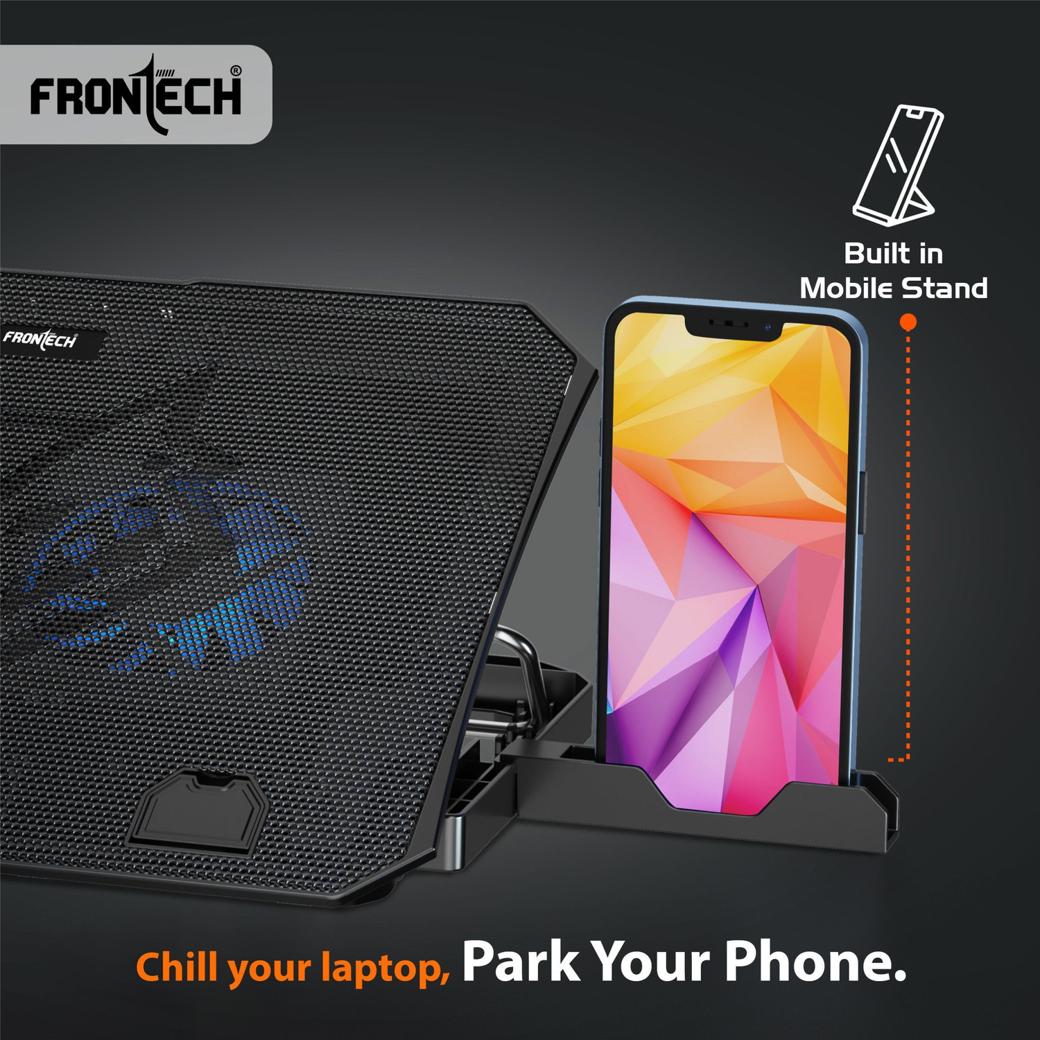 Image of Frontech Laptop Cooling Pad | 2x125mm LED Fans | Built-in Mobile Stand | 2 Fan Ergonomic Cooling Pad with Adjustable Height
